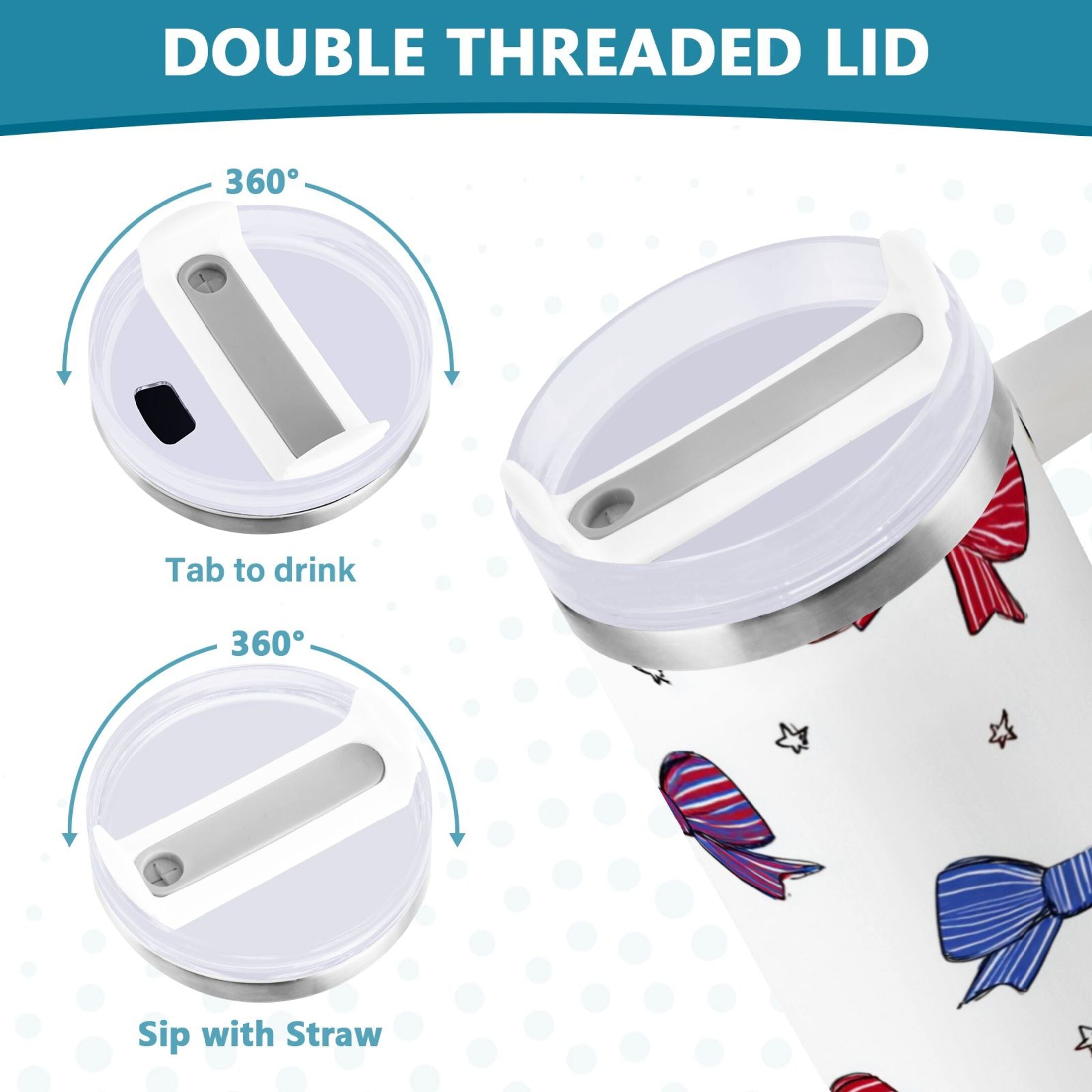 30 oz Insulated Stainless Steel Tumbler Double Wall Stainless Steel Tumbler with 2-Way Drinking Red and Blue Stripe Bows 7RZJ