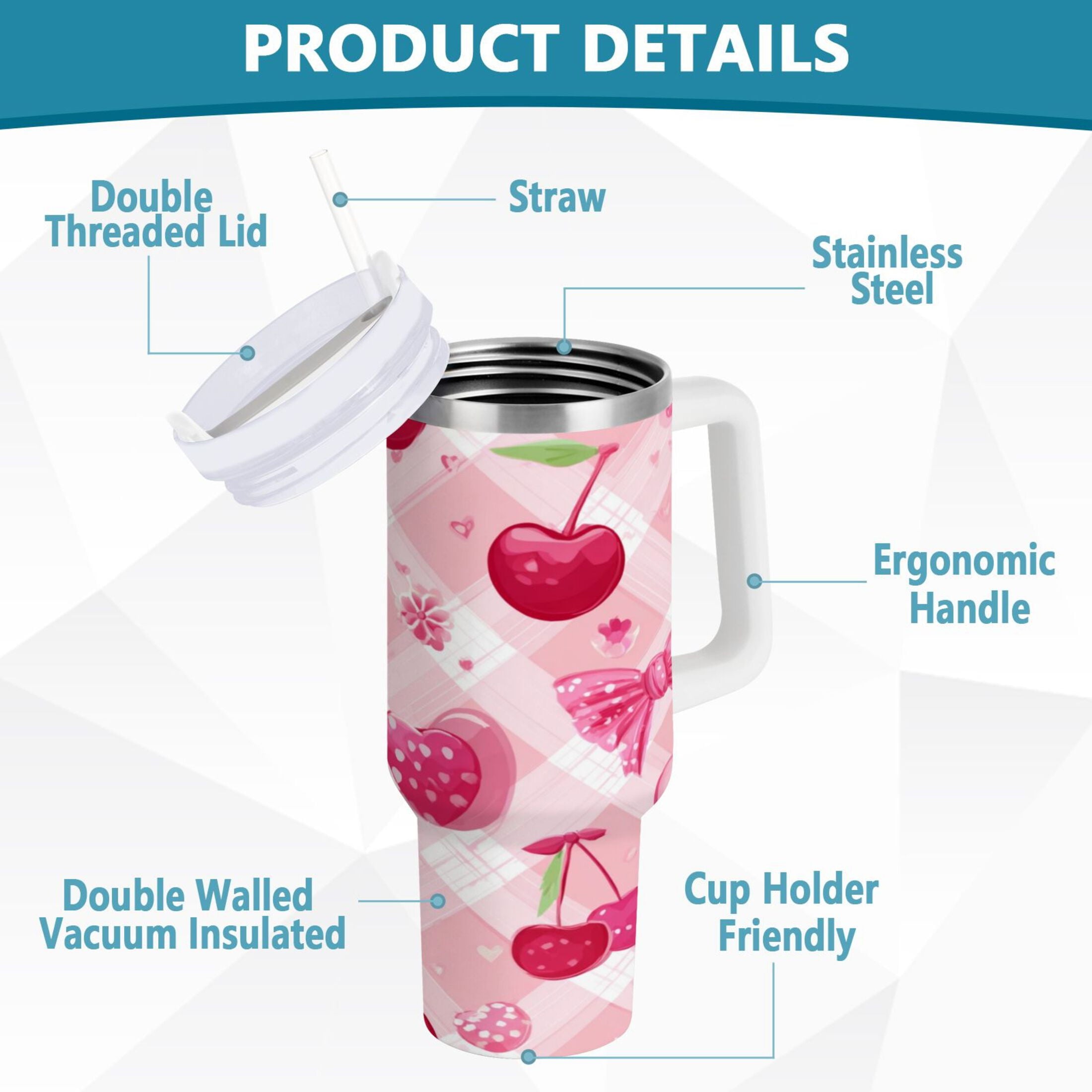 30 oz Insulated Stainless Steel Tumbler Double Wall Stainless Steel Tumbler with 2-Way Drinking Cherry and Pink Bow Pattern 9I0U