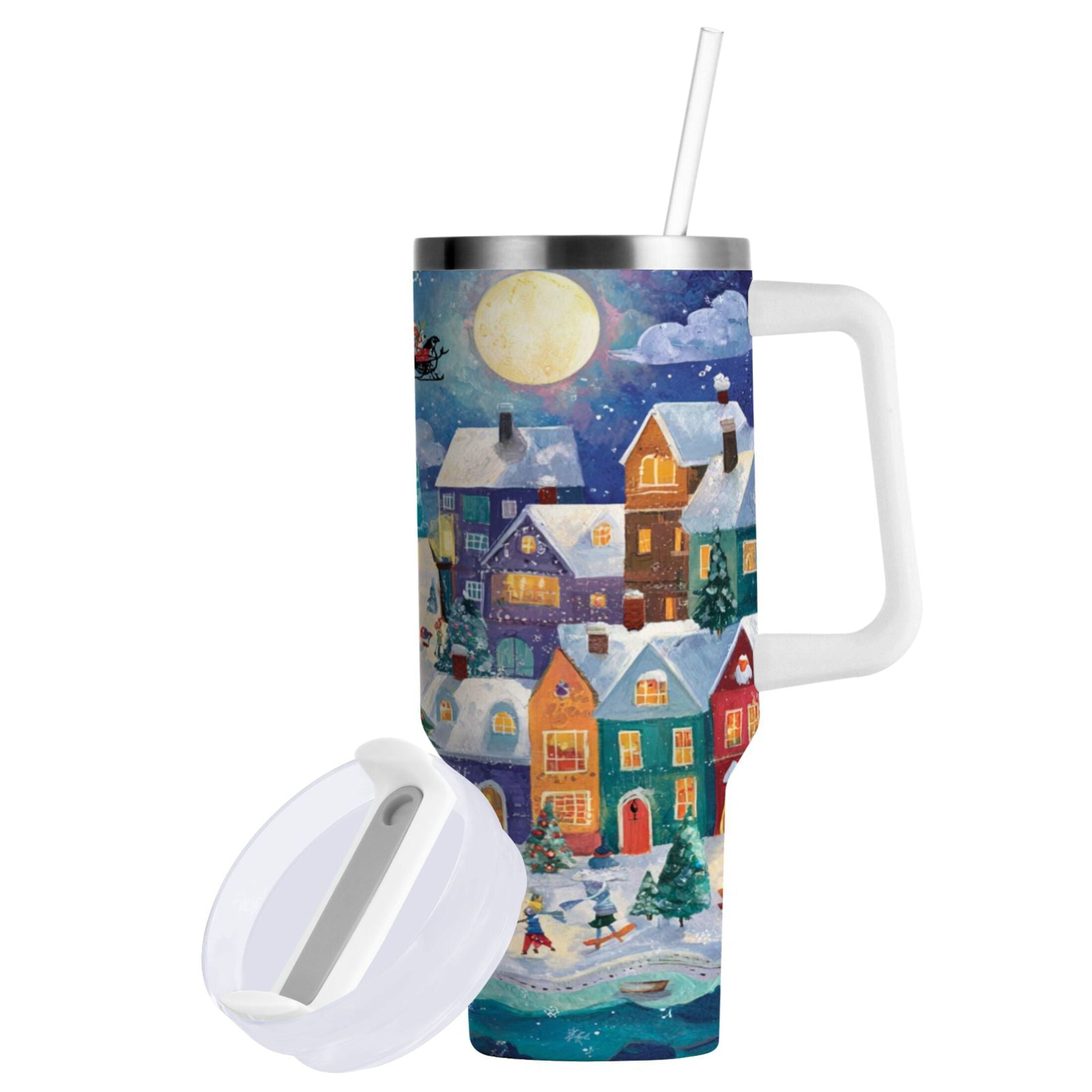 30 oz Insulated Stainless Steel Tumbler Double Wall Stainless Steel Tumbler with 2-Way Drinking Charming Christmas Scene RUU3