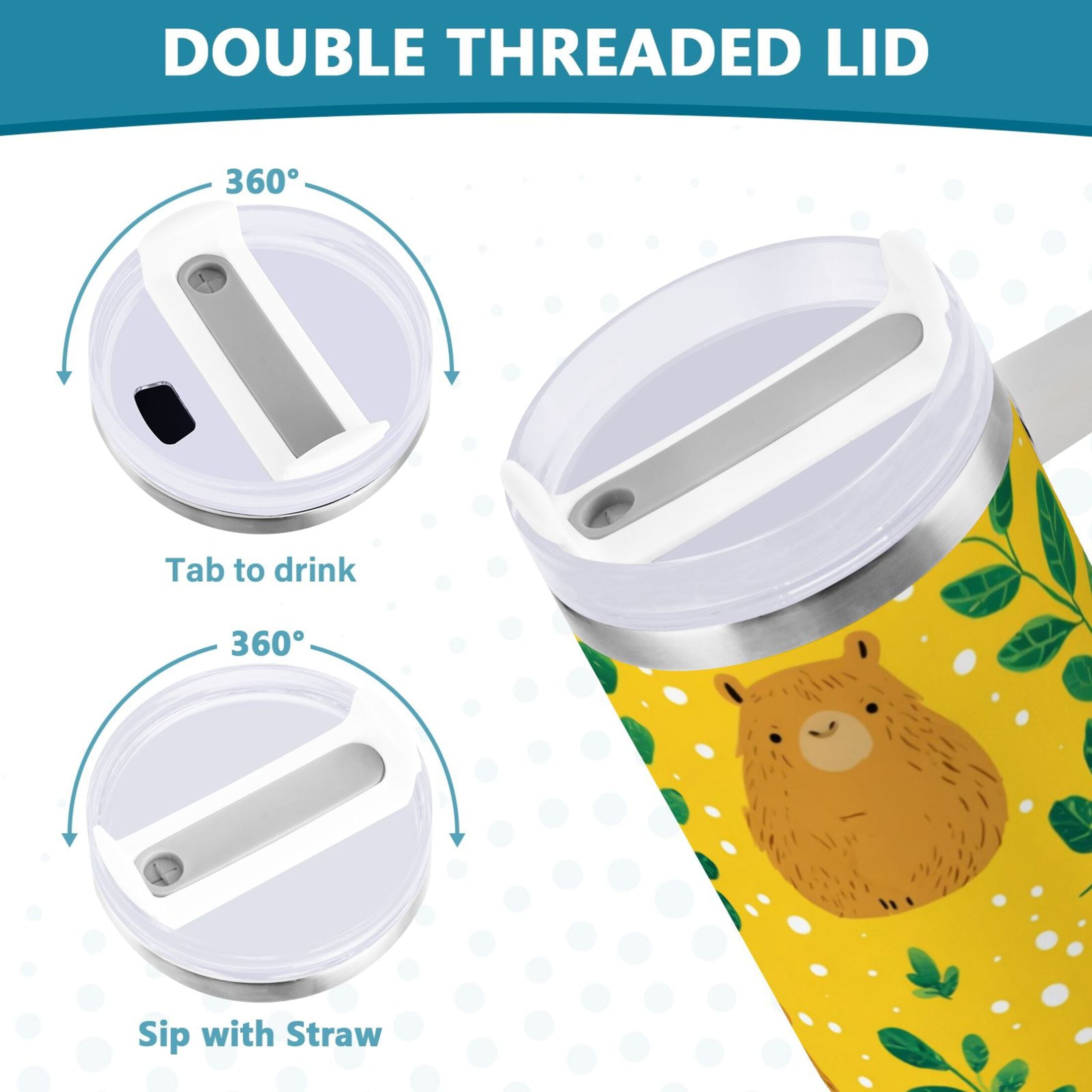 30 oz Insulated Stainless Steel Tumbler Double Wall Stainless Steel Tumbler with 2-Way Drinking Capybara and Green Leaves EDKJ