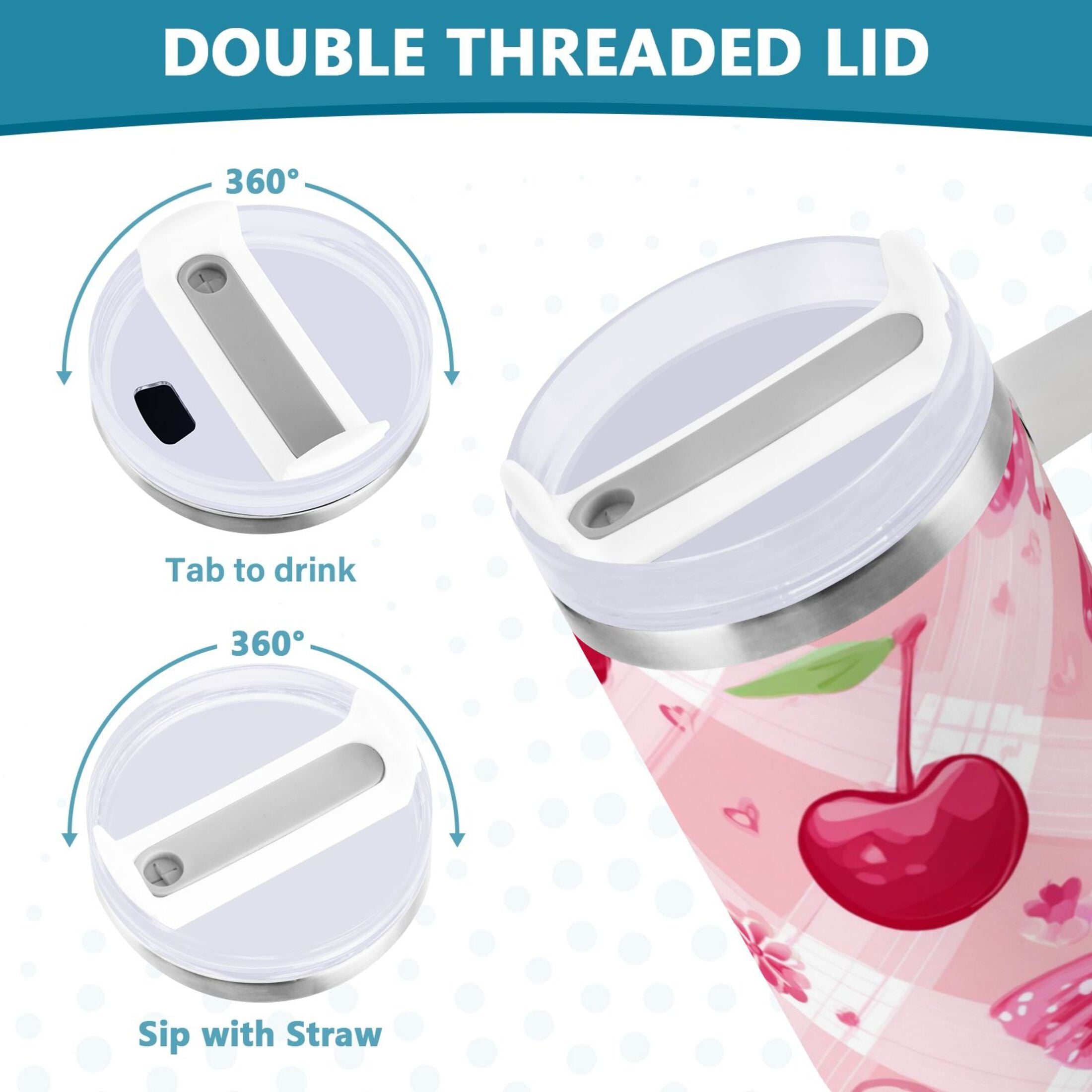 30 oz Insulated Stainless Steel Tumbler Double Wall Stainless Steel Tumbler with 2-Way Drinking Cherry and Pink Bow Pattern 9I0U