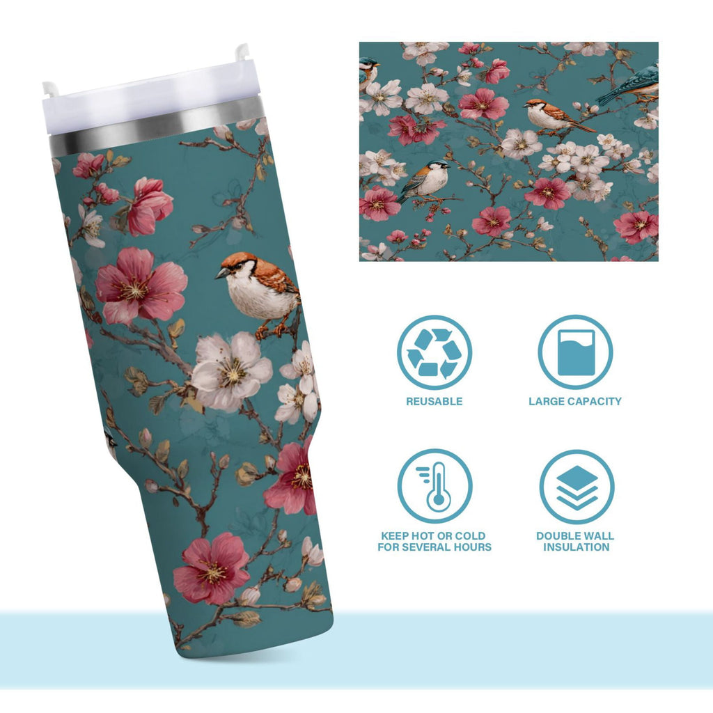 30 oz Insulated Stainless Steel Tumbler Double Wall Stainless Steel Tumbler with 2-Way Drinking Birds and Cherry Pattern 8ZIO