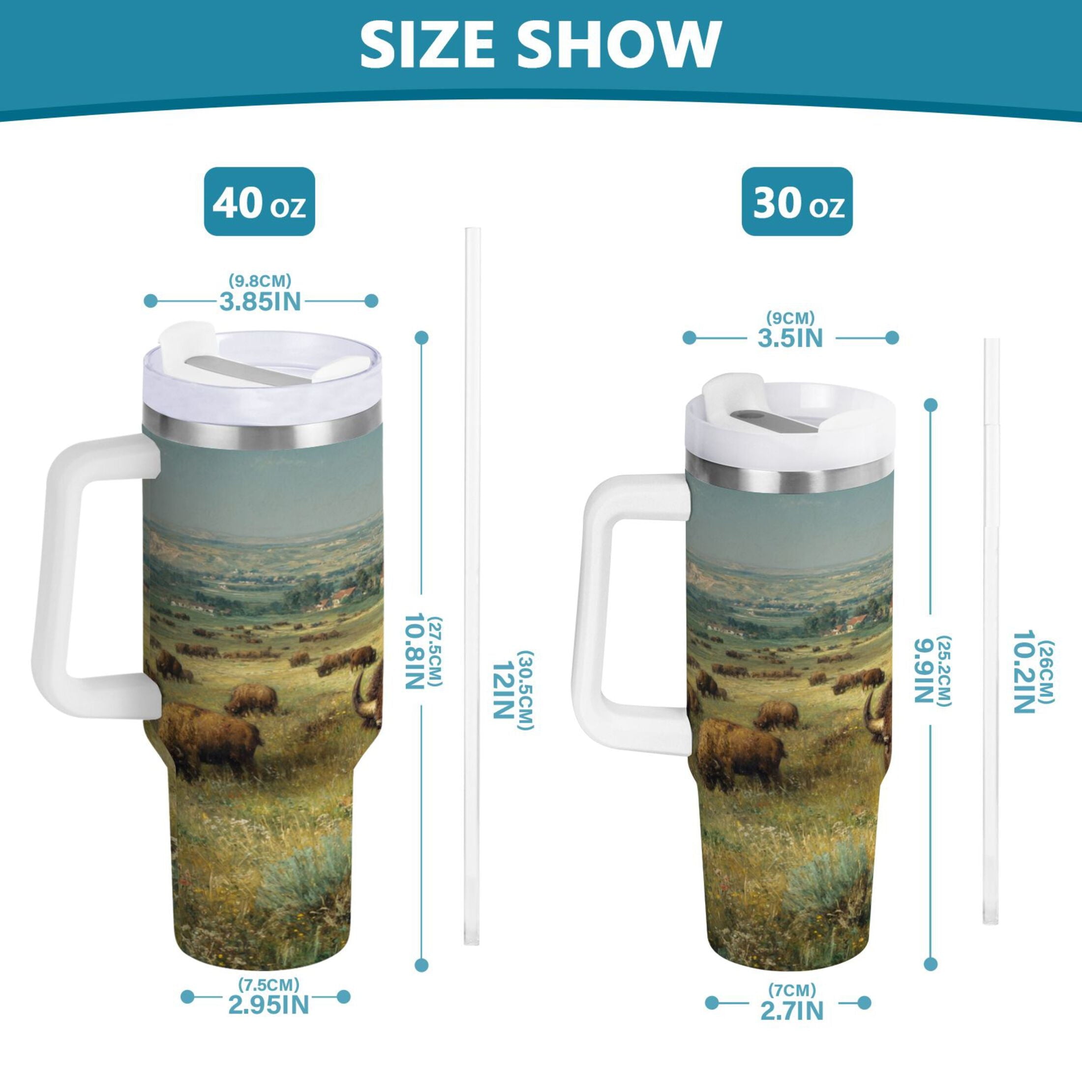 30 oz Insulated Stainless Steel Tumbler Double Wall Stainless Steel Tumbler with 2-Way Drinking Buffalo Herd Oil Painting G1EO