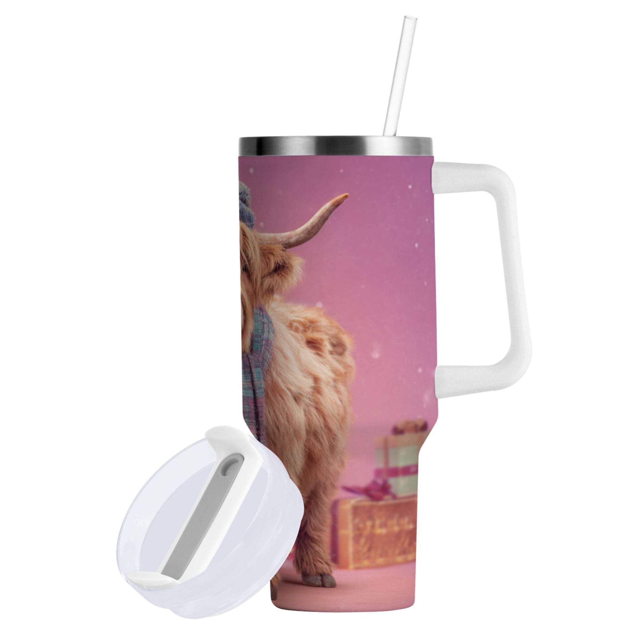 30 oz Insulated Stainless Steel Tumbler Double Wall Stainless Steel Tumbler with 2-Way Drinking Cow Wearing Christmas GAJ8