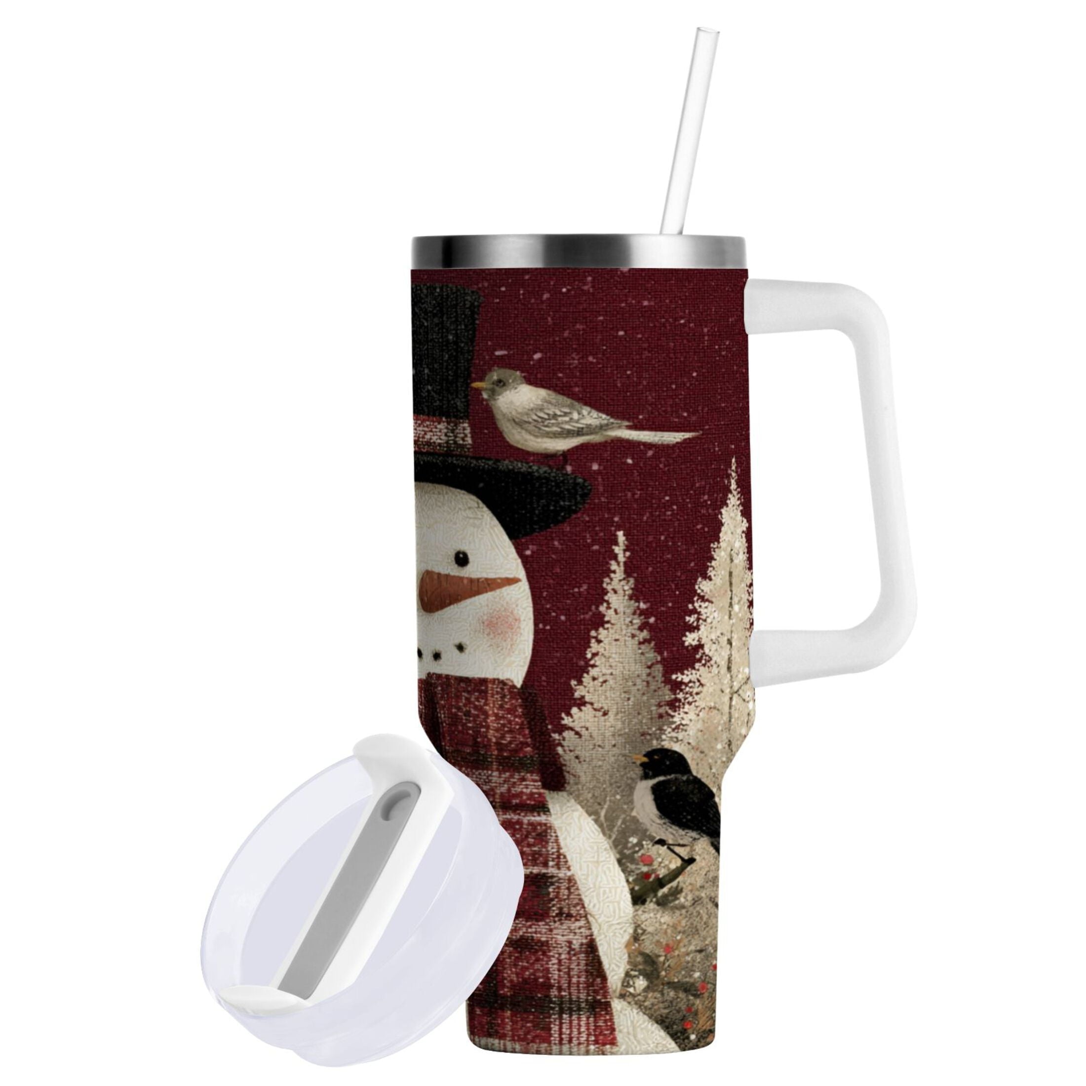 30 oz Insulated Stainless Steel Tumbler Double Wall Stainless Steel Tumbler with 2-Way Drinking Snowman and Birds FTWG