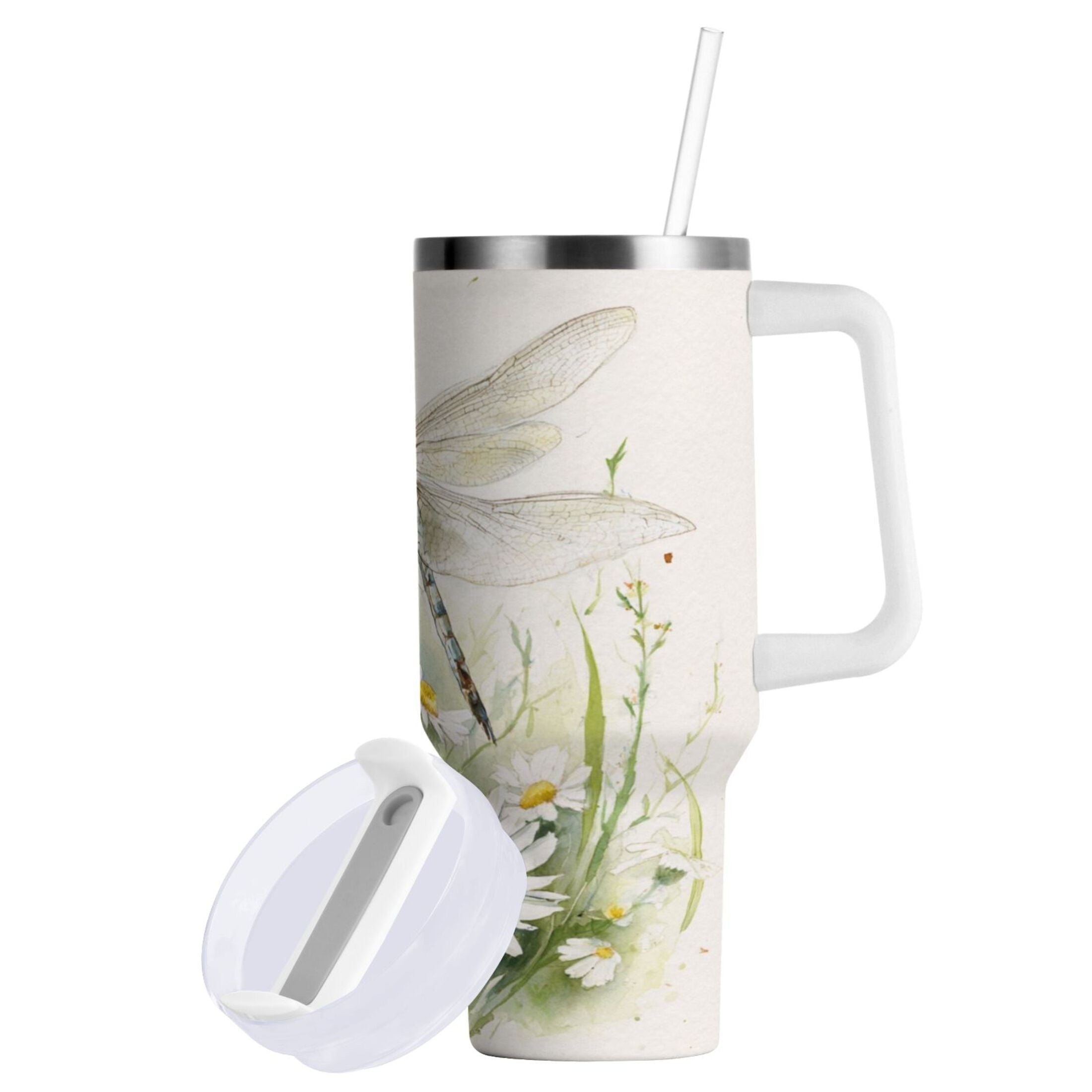 30 oz Insulated Stainless Steel Tumbler Double Wall Stainless Steel Tumbler with 2-Way Drinking Dragonflies with White Daisies 5Q18