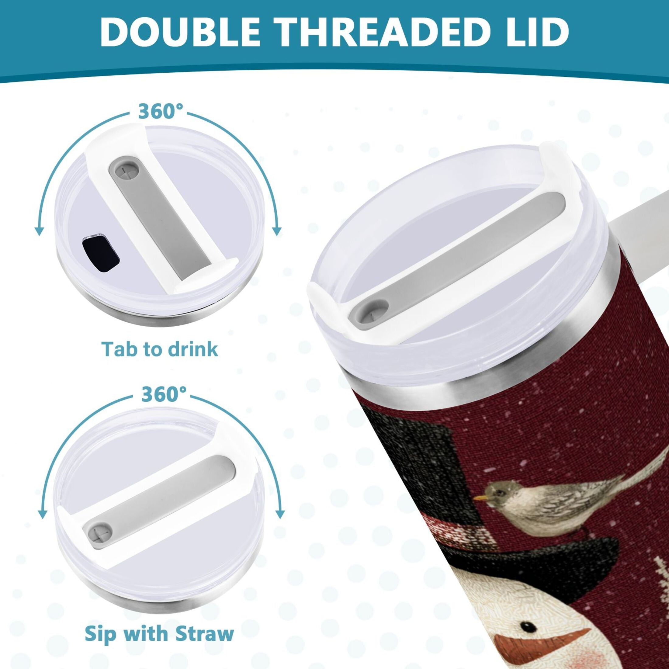 30 oz Insulated Stainless Steel Tumbler Double Wall Stainless Steel Tumbler with 2-Way Drinking Snowman and Birds FTWG
