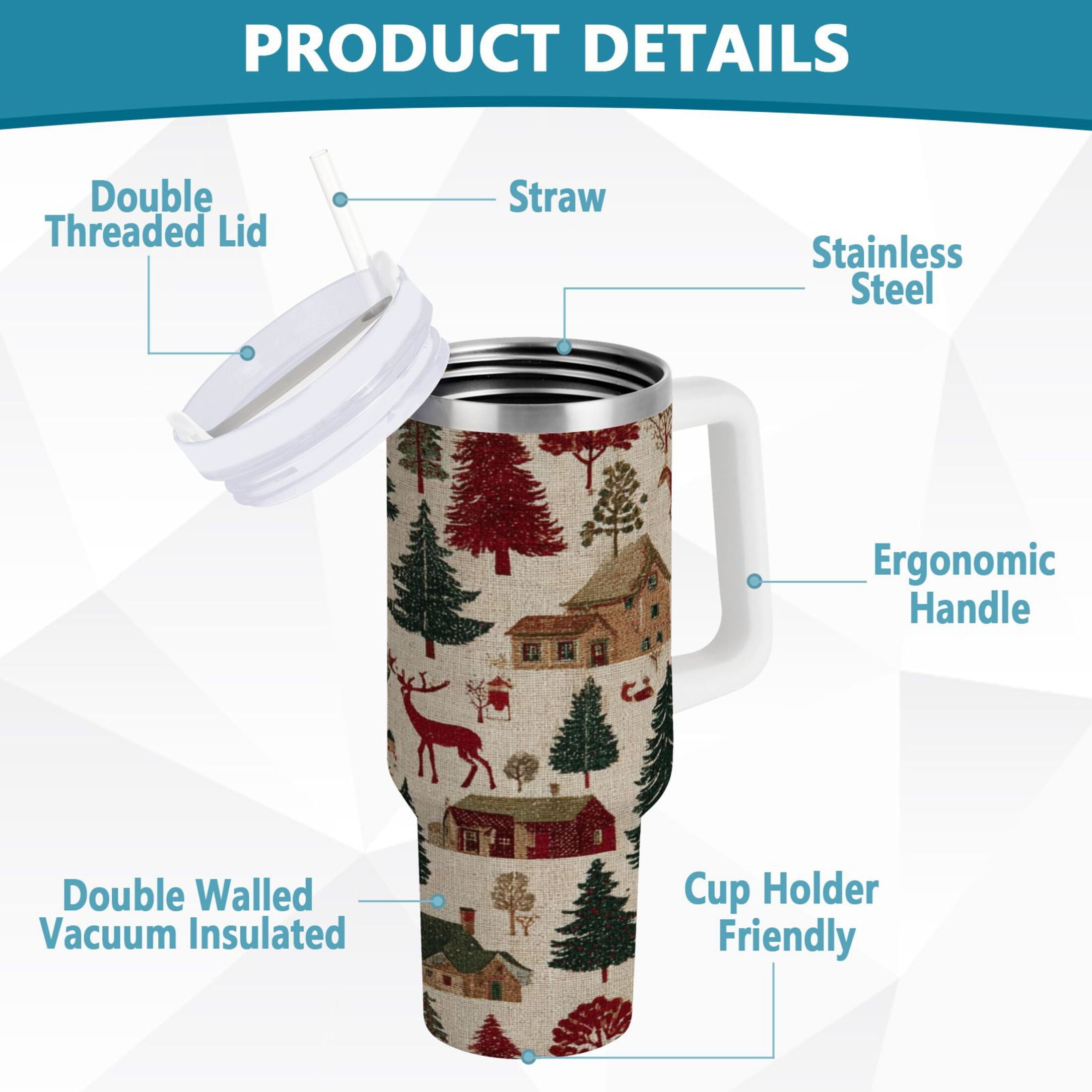 30 oz Insulated Stainless Steel Tumbler Double Wall Stainless Steel Tumbler with 2-Way Drinking Christmas Trees Deer and Houses FXXO