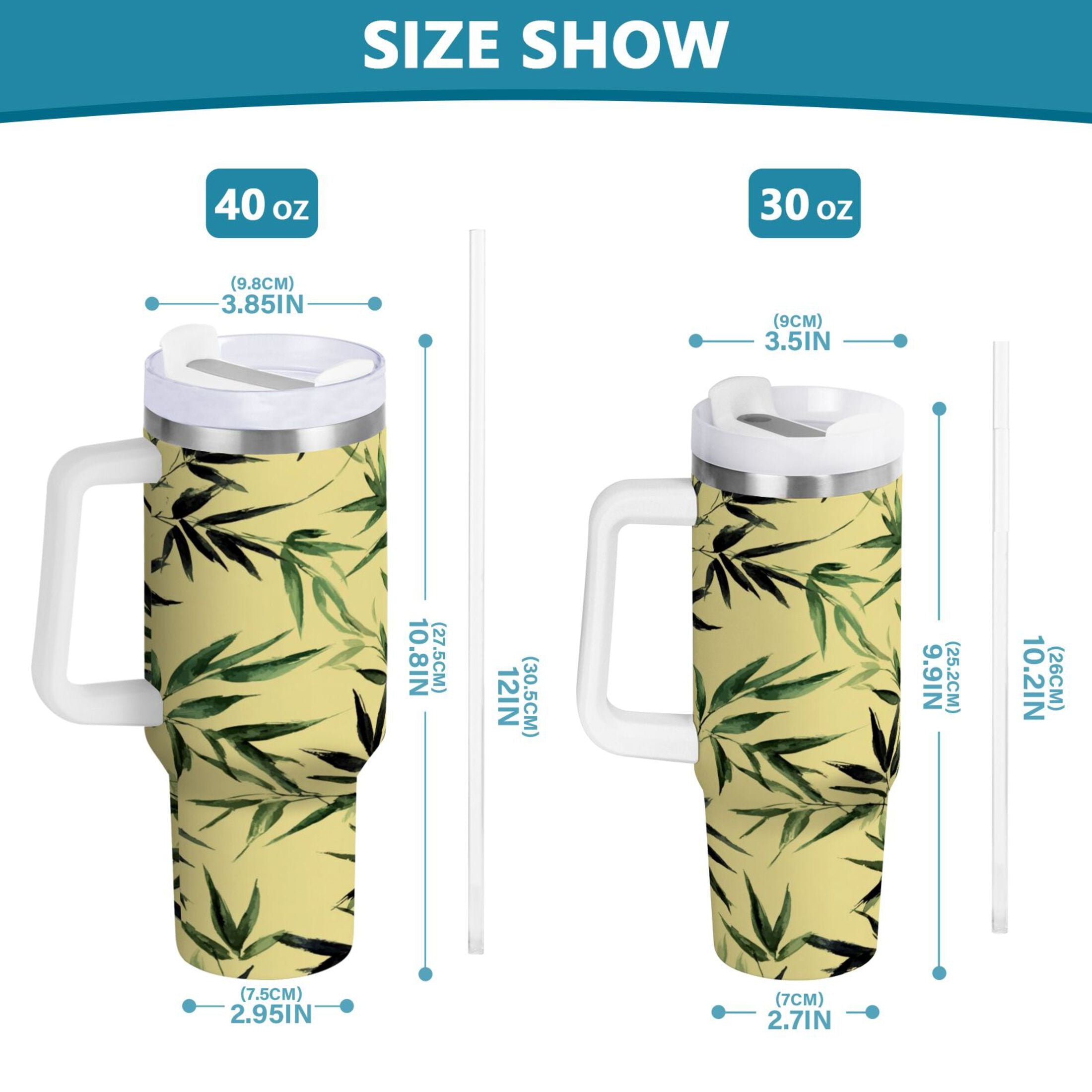 30 oz Insulated Stainless Steel Tumbler Double Wall Stainless Steel Tumbler with 2-Way Drinking Bamboo and Green Leaves 2EPZ