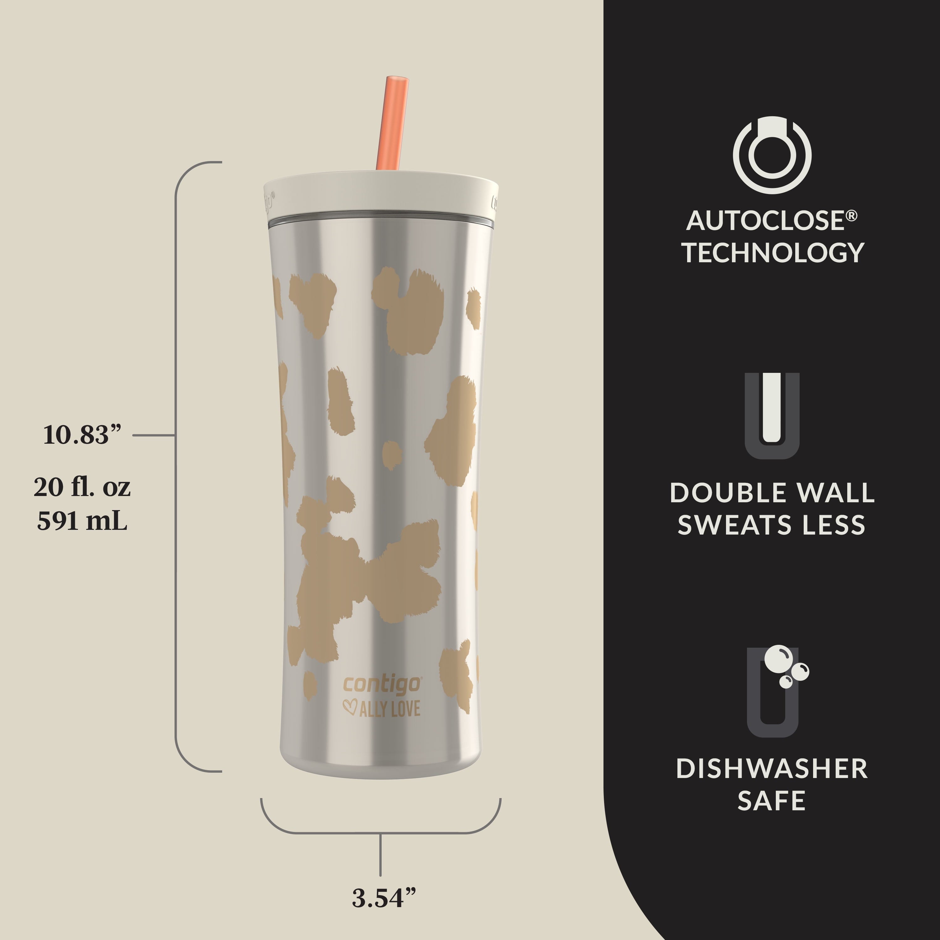 Contigo 20oz Shake &amp; Go Tumbler, Plastic with Straw, Oatmilk Cowhide Couture GBKA