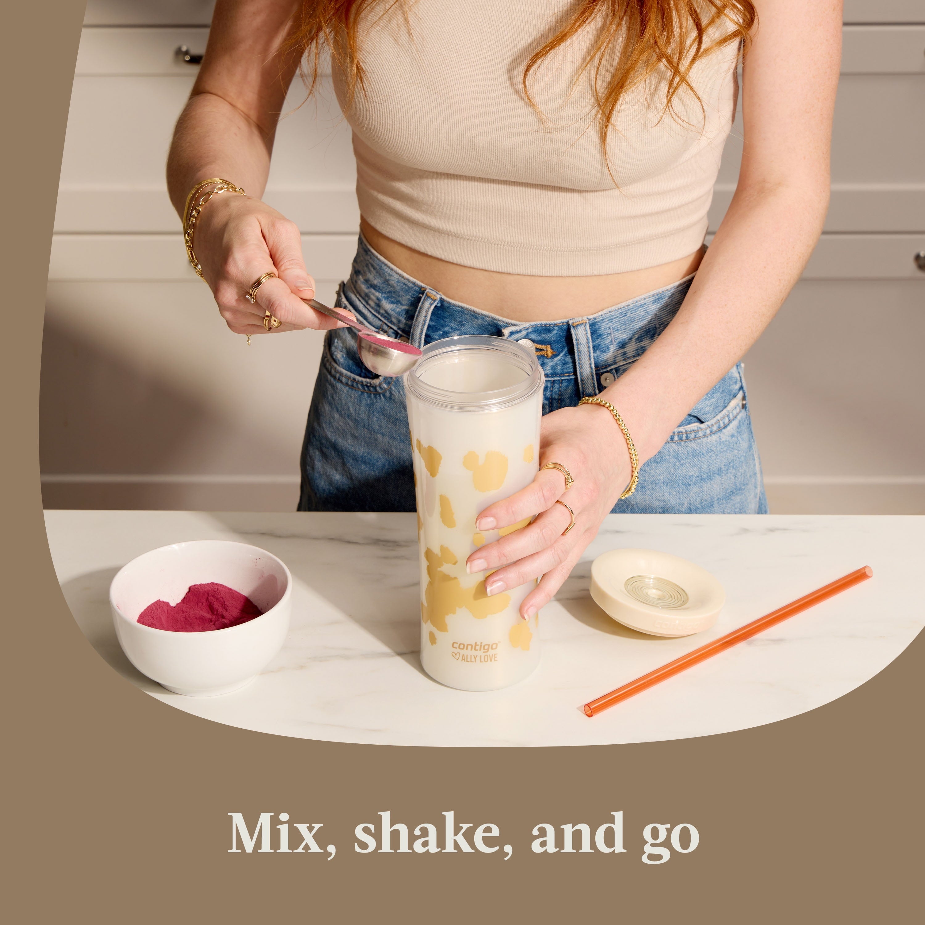 Contigo 20oz Shake &amp; Go Tumbler, Plastic with Straw, Oatmilk Cowhide Couture GBKA