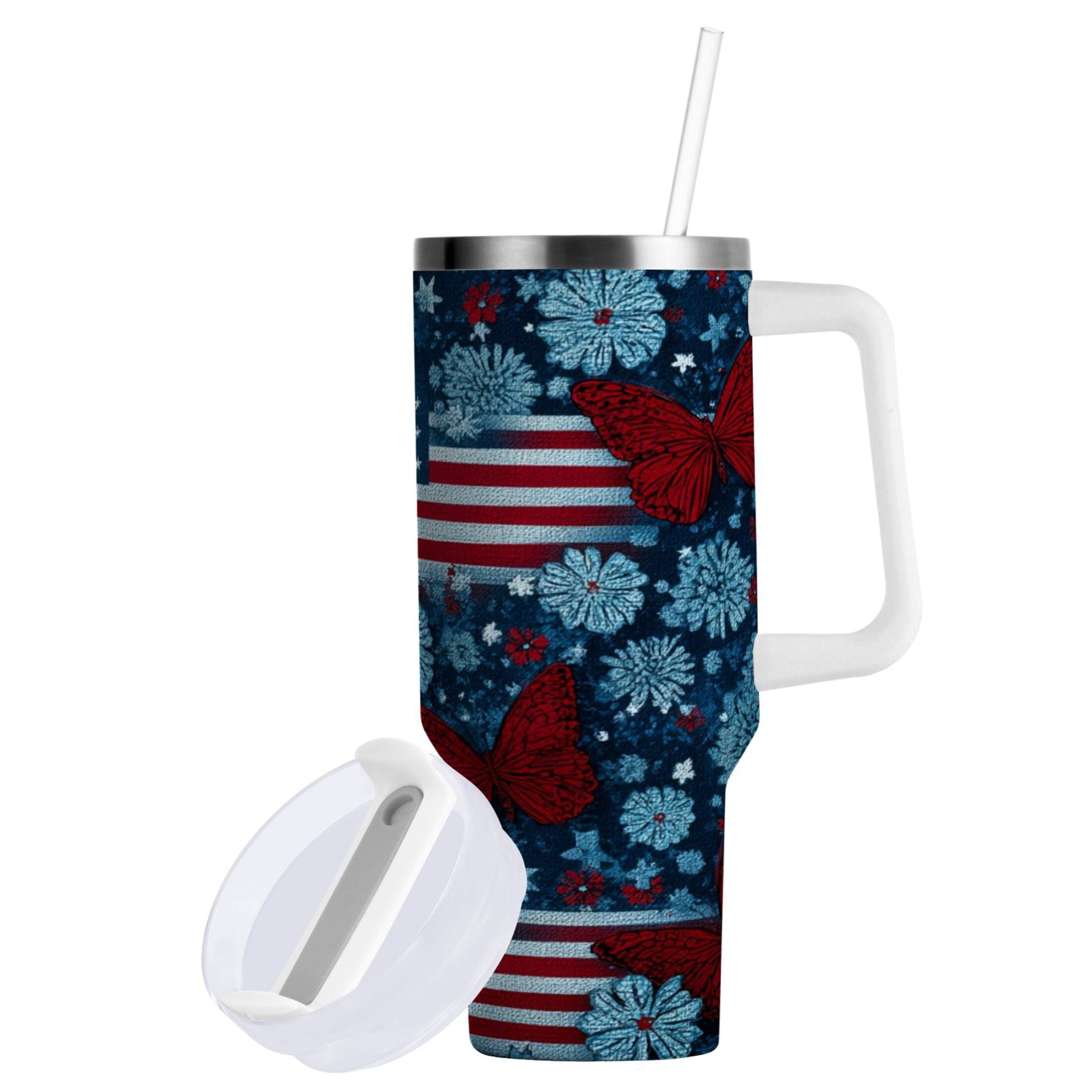 30 oz Insulated Stainless Steel Tumbler Double Wall Stainless Steel Tumbler with 2-Way Drinking Red Butterflies and Flags Y93R