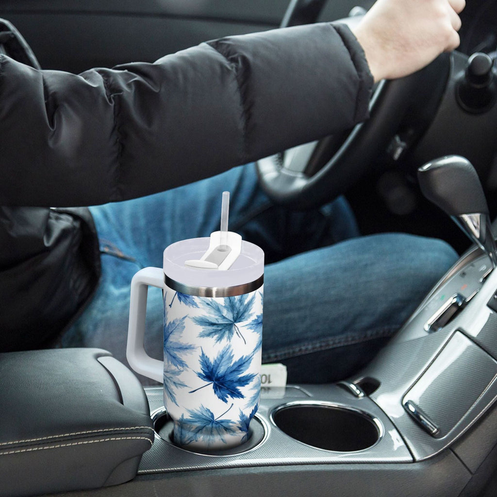 30 oz Insulated Stainless Steel Tumbler Double Wall Stainless Steel Tumbler with 2-Way Drinking Abstract Blue Maple Leaves 95MR