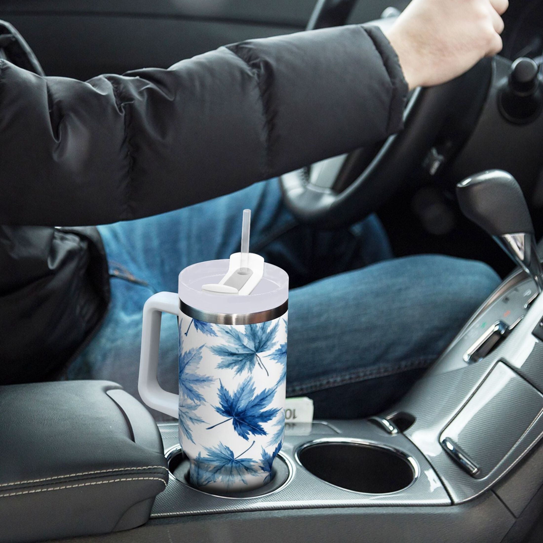 30 oz Insulated Stainless Steel Tumbler Double Wall Stainless Steel Tumbler with 2-Way Drinking Abstract Blue Maple Leaves 95MR