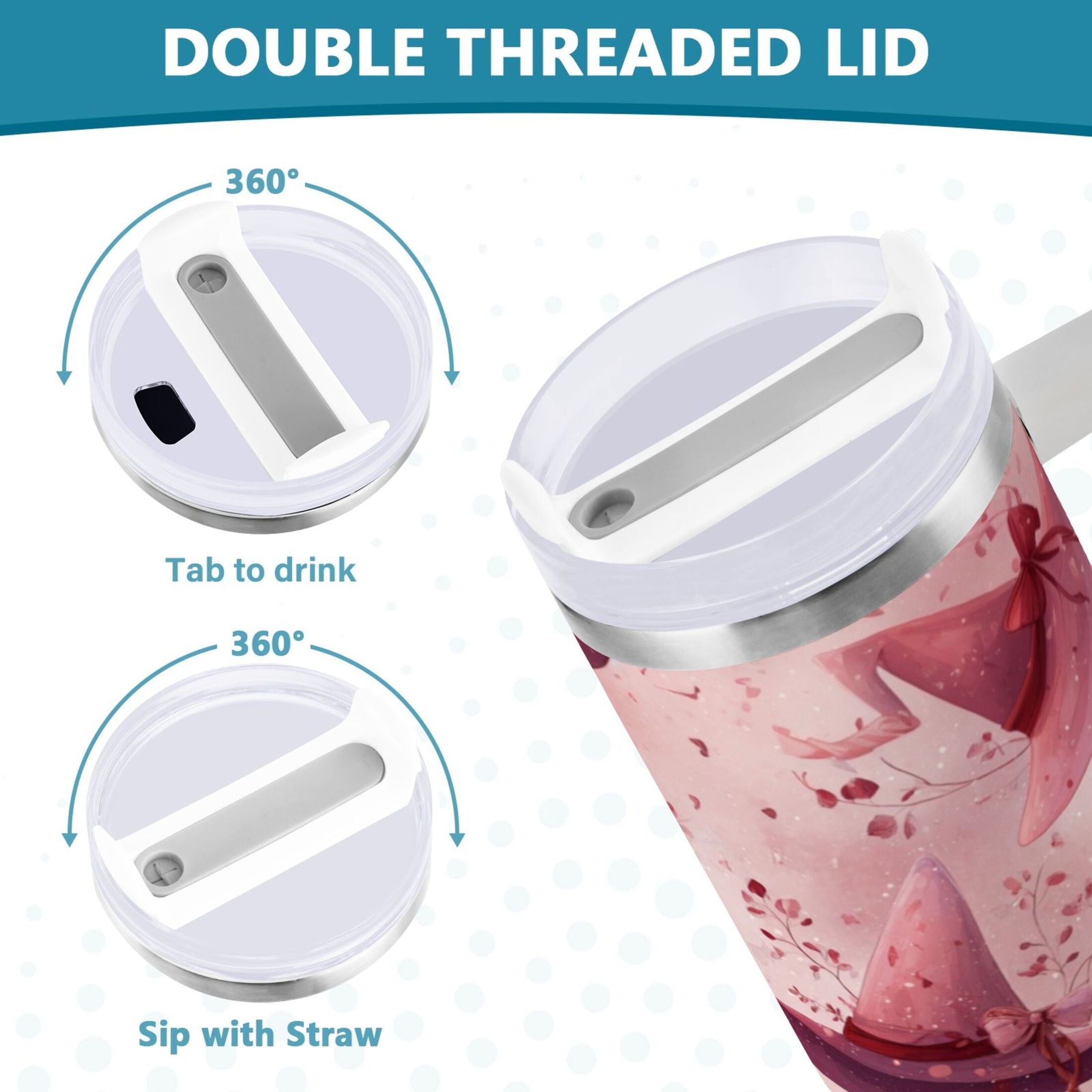 30 oz Insulated Stainless Steel Tumbler Double Wall Stainless Steel Tumbler with 2-Way Drinking Hats with Delicate Bows IGC0