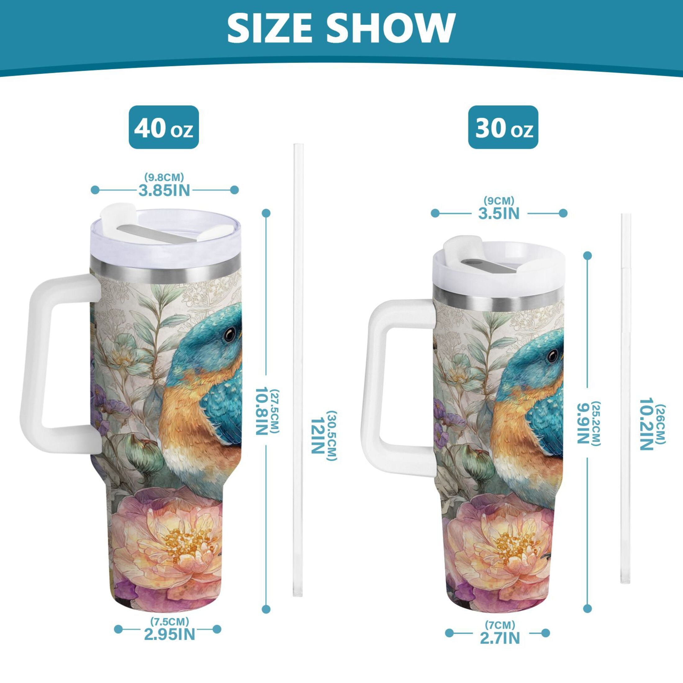 30 oz Insulated Stainless Steel Tumbler Double Wall Stainless Steel Tumbler with 2-Way Drinking Bluebird and Flower 0R2N