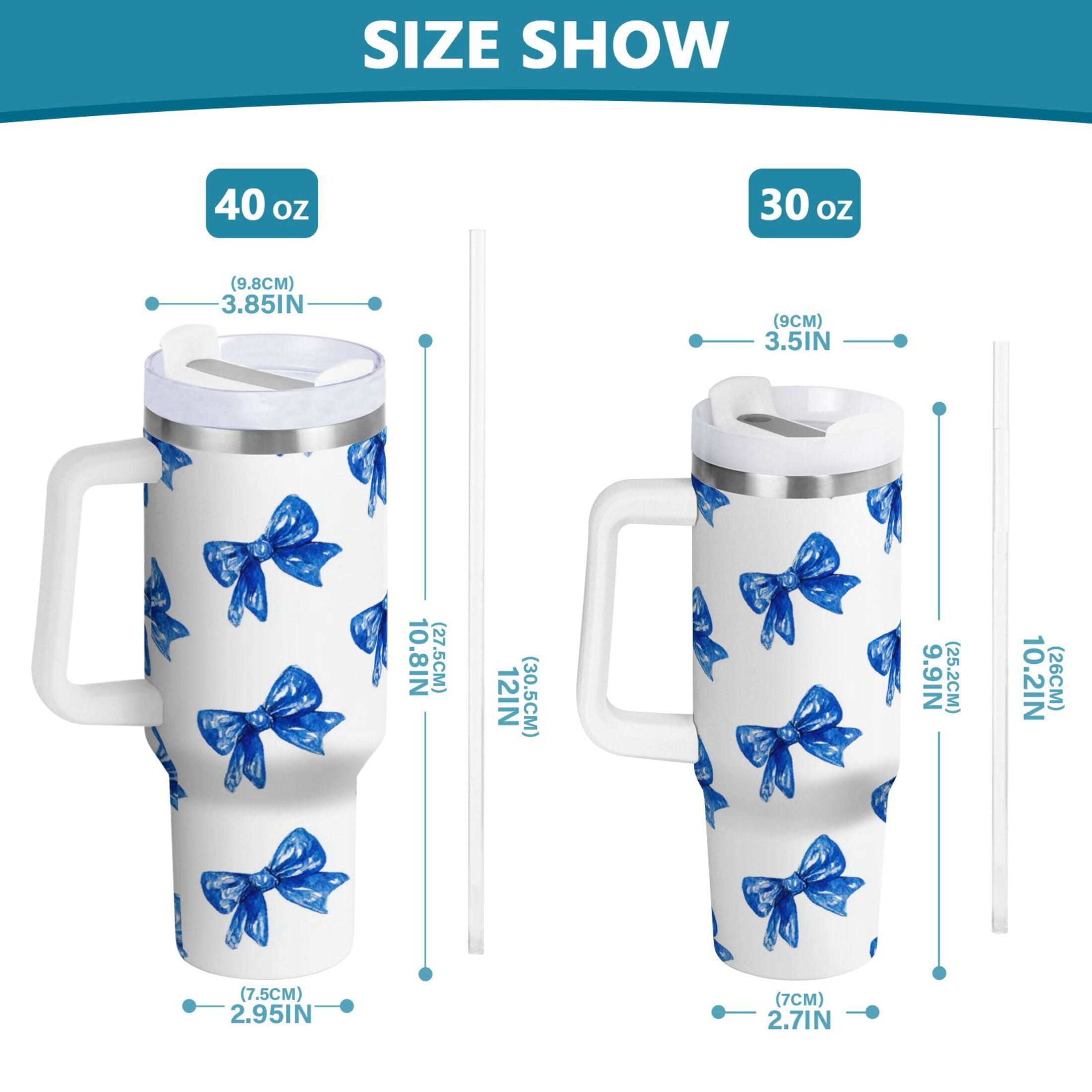 30 oz Insulated Stainless Steel Tumbler Double Wall Stainless Steel Tumbler with 2-Way Drinking Blue Bows Pattern MPO0
