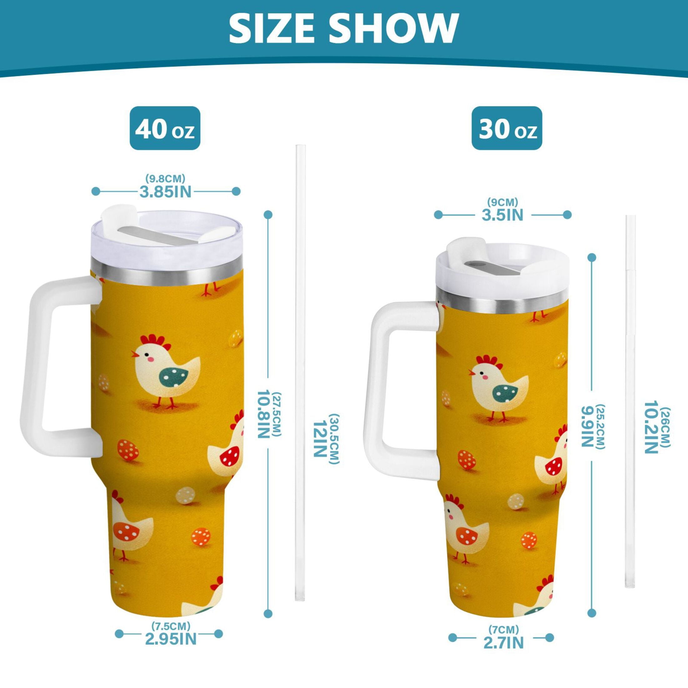 30 oz Insulated Stainless Steel Tumbler Double Wall Stainless Steel Tumbler with 2-Way Drinking Cartoon Chickens Pattern QI75