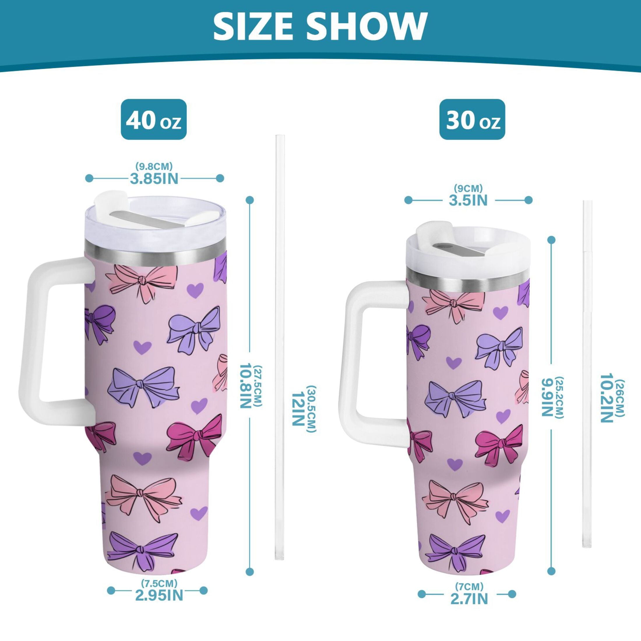 30 oz Insulated Stainless Steel Tumbler Double Wall Stainless Steel Tumbler with 2-Way Drinking Bows and Heart Pattern QH59