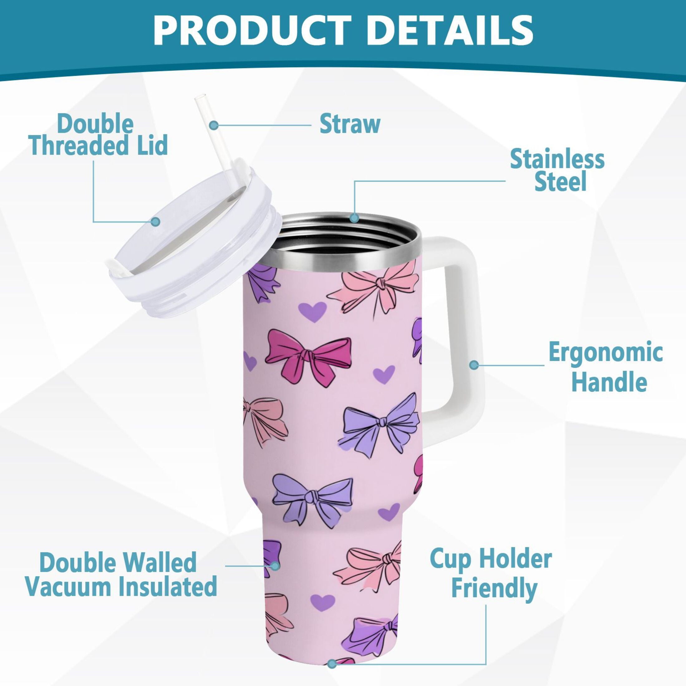 30 oz Insulated Stainless Steel Tumbler Double Wall Stainless Steel Tumbler with 2-Way Drinking Bows and Heart Pattern QH59