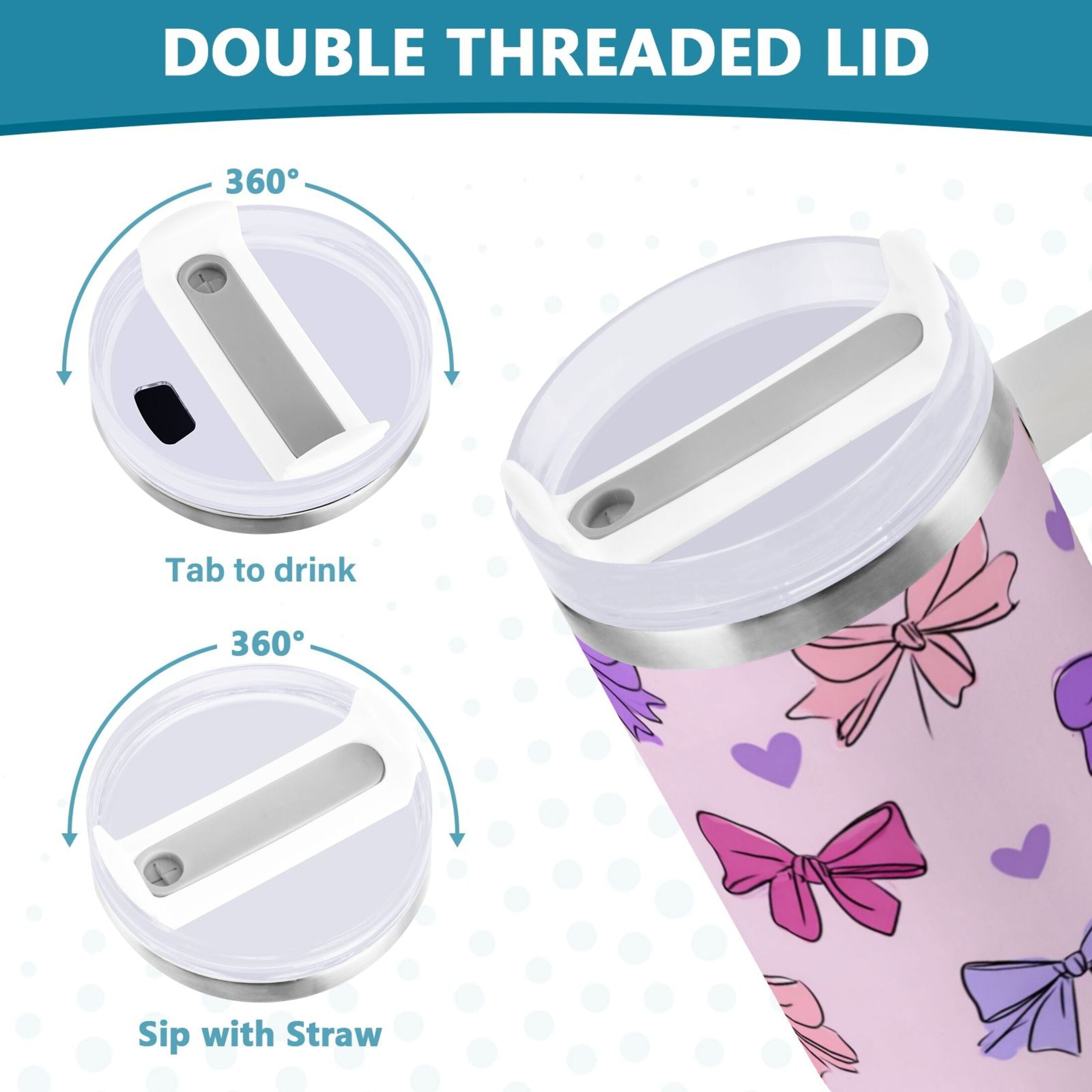 30 oz Insulated Stainless Steel Tumbler Double Wall Stainless Steel Tumbler with 2-Way Drinking Bows and Heart Pattern QH59