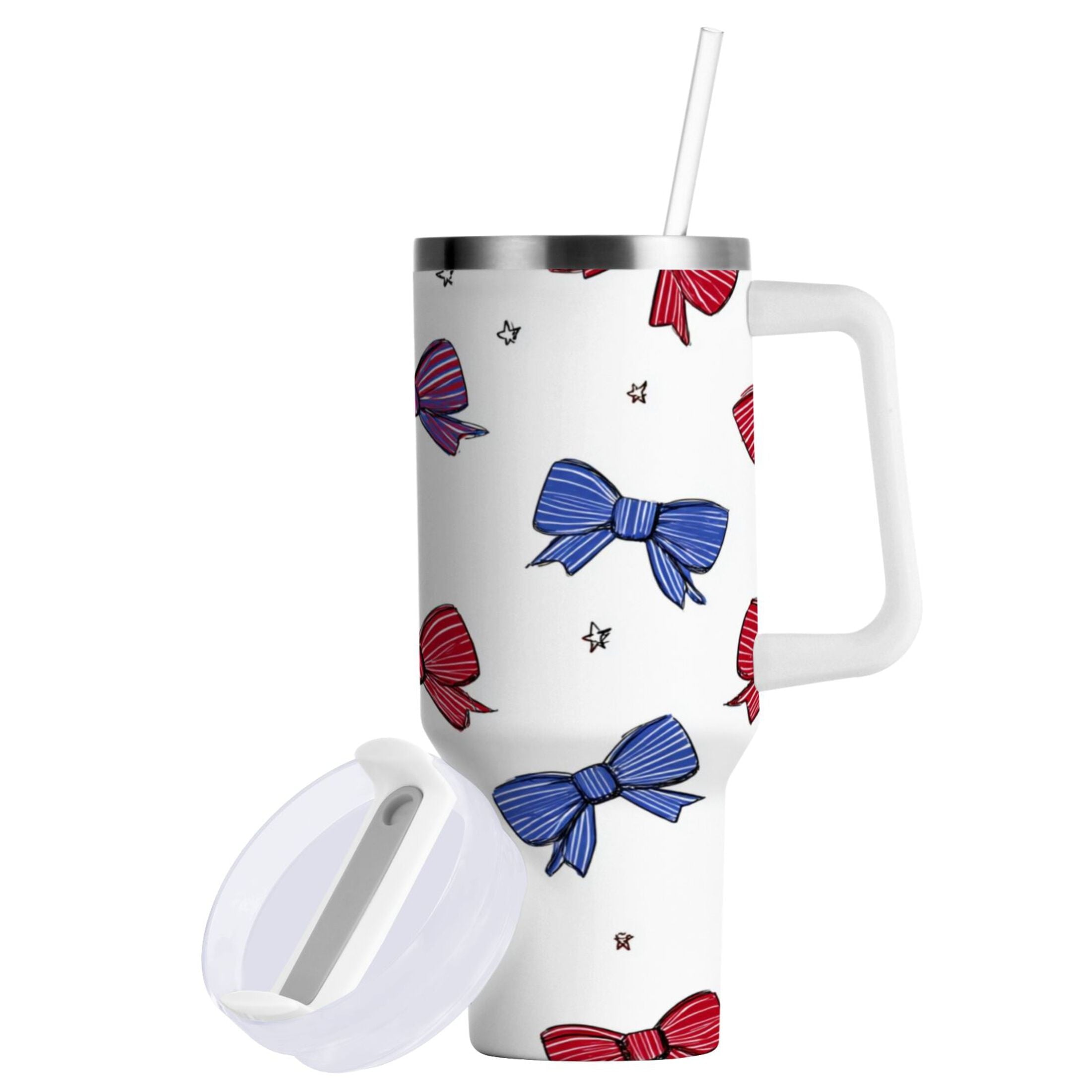 30 oz Insulated Stainless Steel Tumbler Double Wall Stainless Steel Tumbler with 2-Way Drinking Red and Blue Stripe Bows 7RZJ