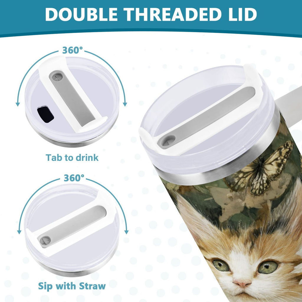 30 oz Insulated Stainless Steel Tumbler Double Wall Stainless Steel Tumbler with 2-Way Drinking Adorable Cats and Daisies 7J0T