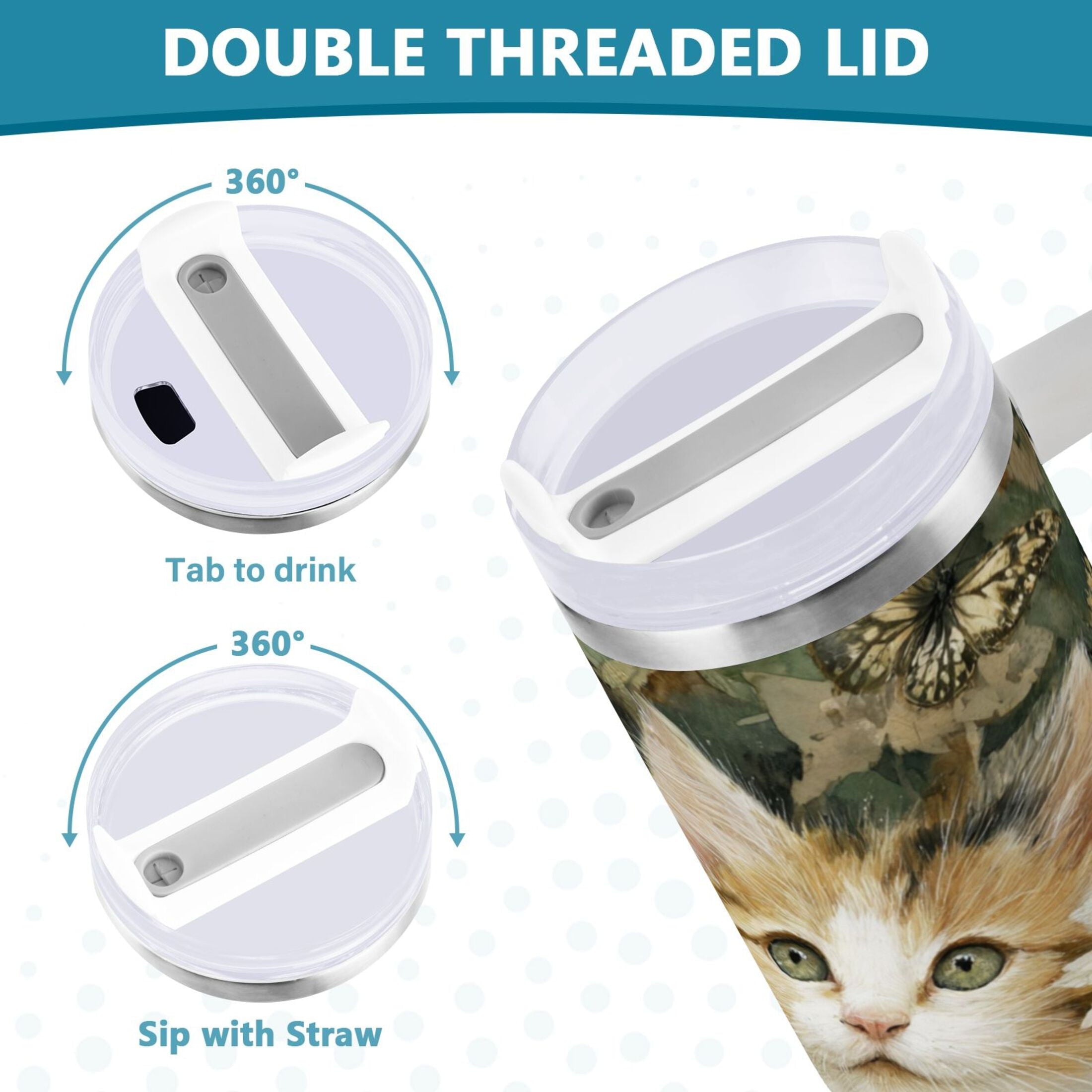 30 oz Insulated Stainless Steel Tumbler Double Wall Stainless Steel Tumbler with 2-Way Drinking Adorable Cats and Daisies 7J0T