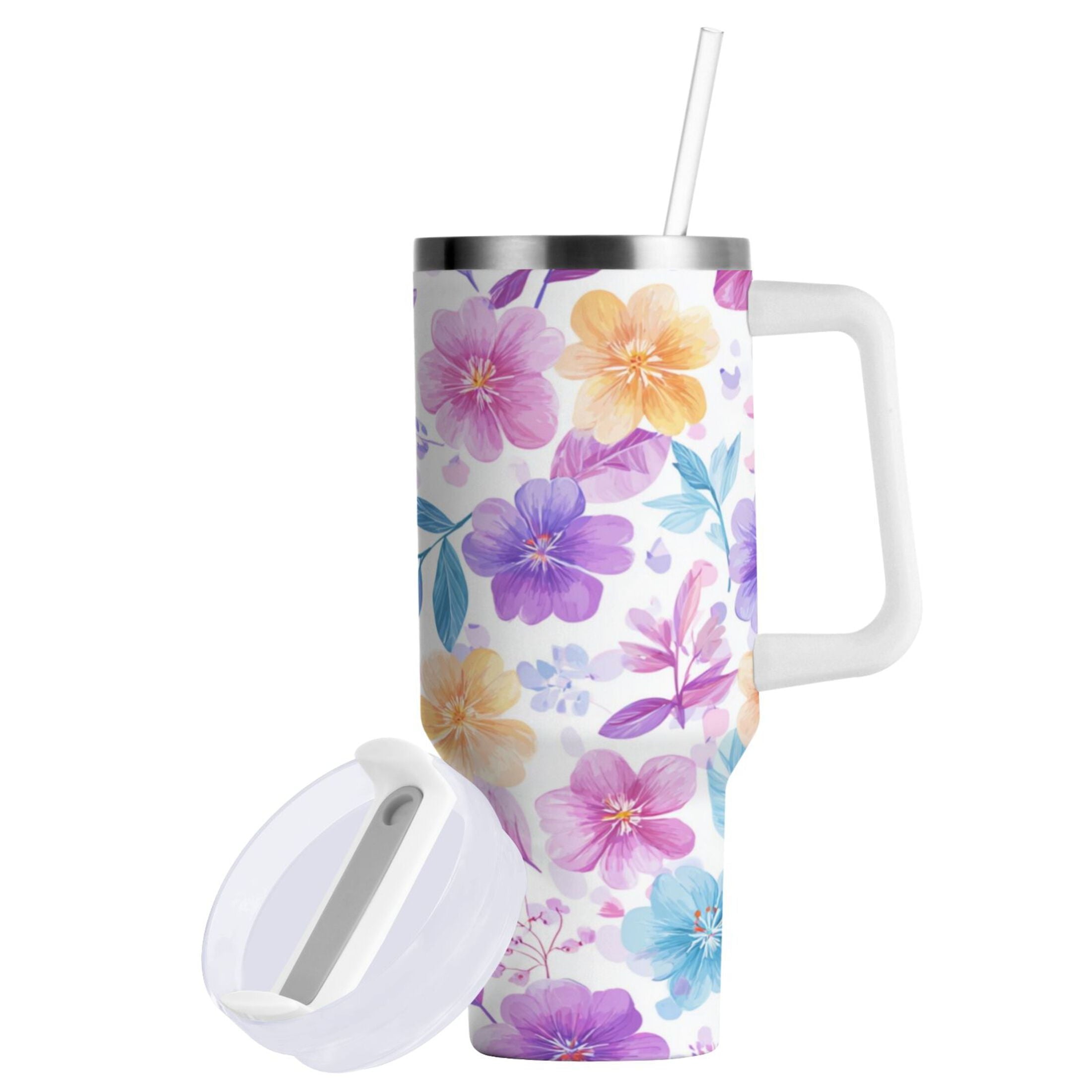 30 oz Insulated Stainless Steel Tumbler Double Wall Stainless Steel Tumbler with 2-Way Drinking Pink and Purple Flowers 5I2W