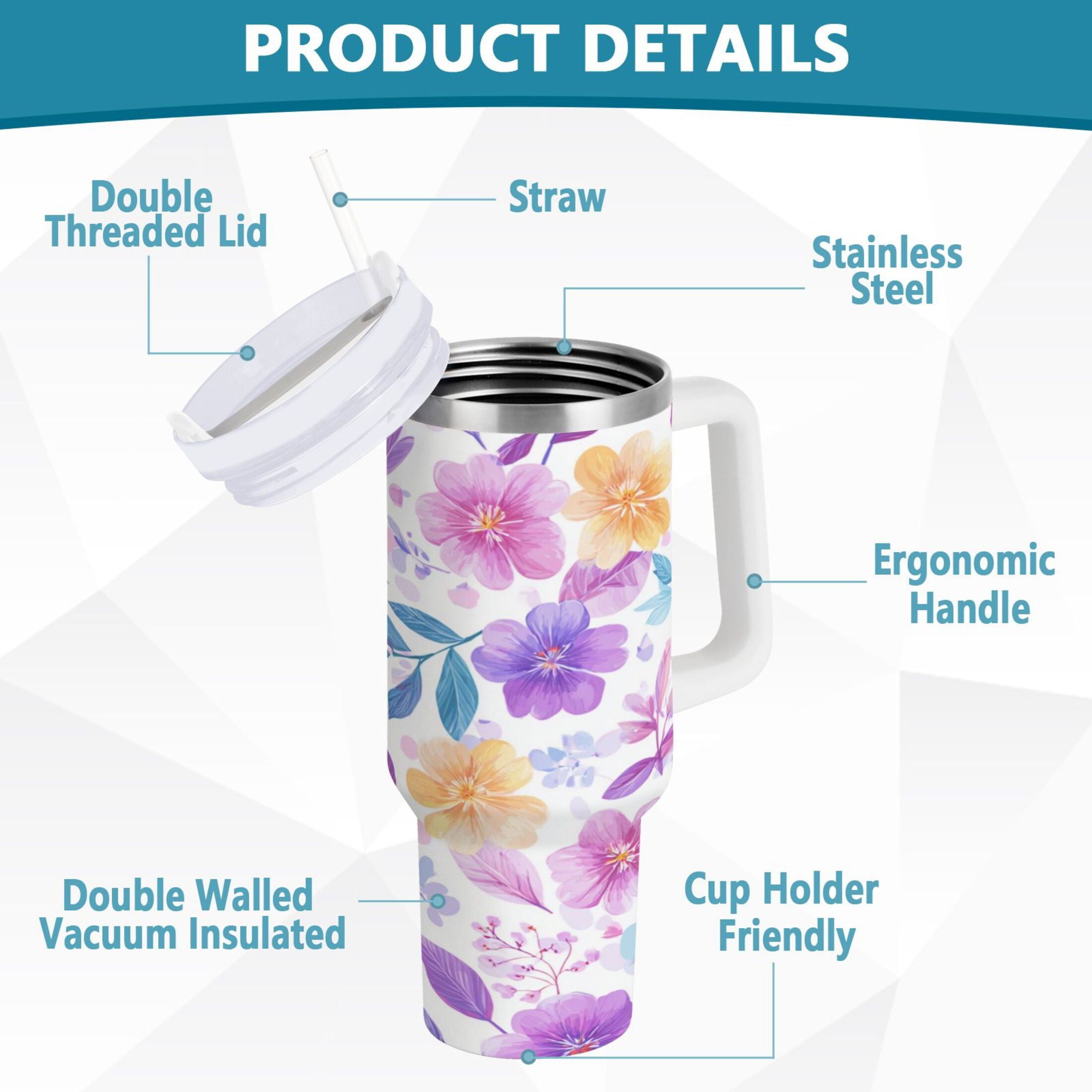 30 oz Insulated Stainless Steel Tumbler Double Wall Stainless Steel Tumbler with 2-Way Drinking Pink and Purple Flowers 5I2W
