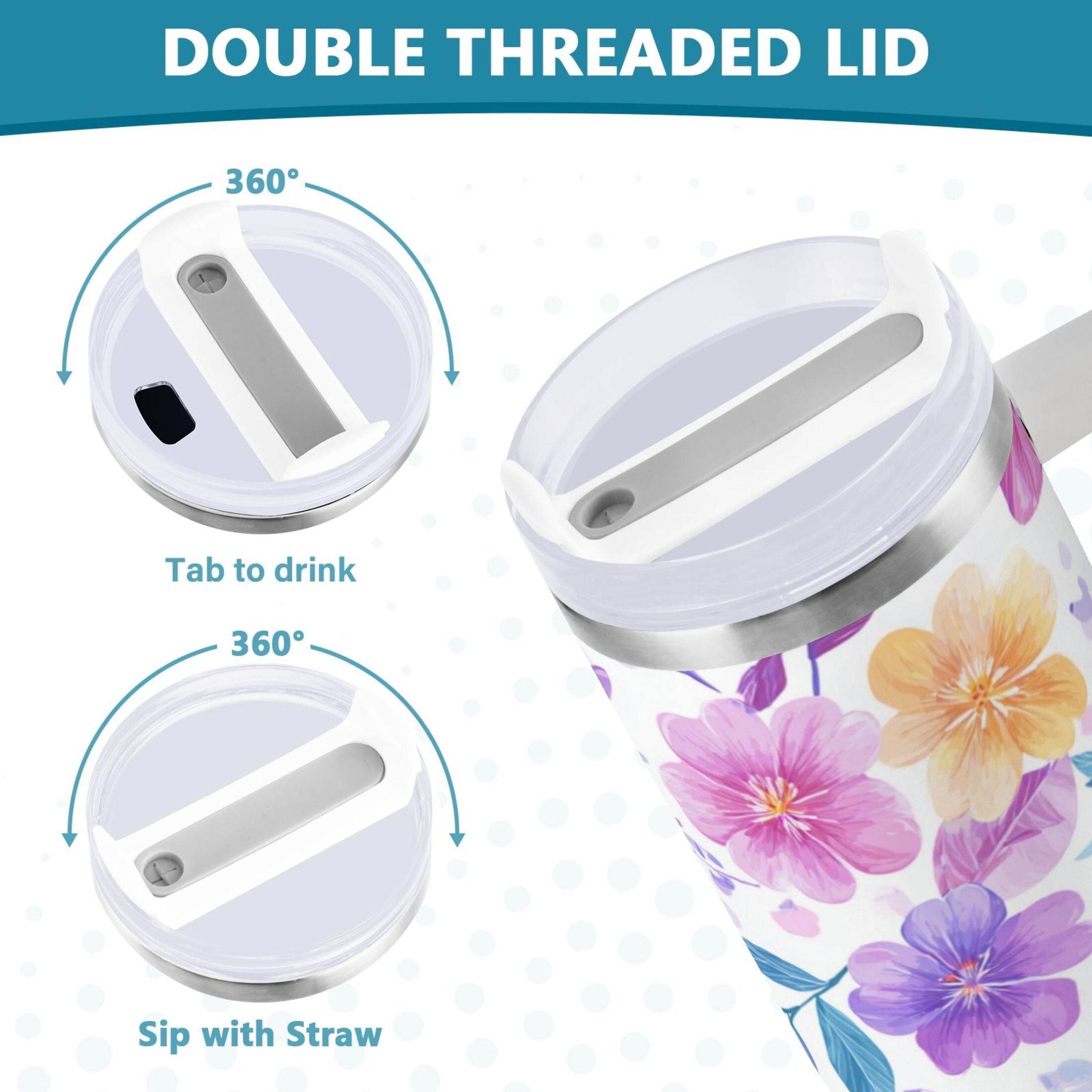 30 oz Insulated Stainless Steel Tumbler Double Wall Stainless Steel Tumbler with 2-Way Drinking Pink and Purple Flowers 5I2W