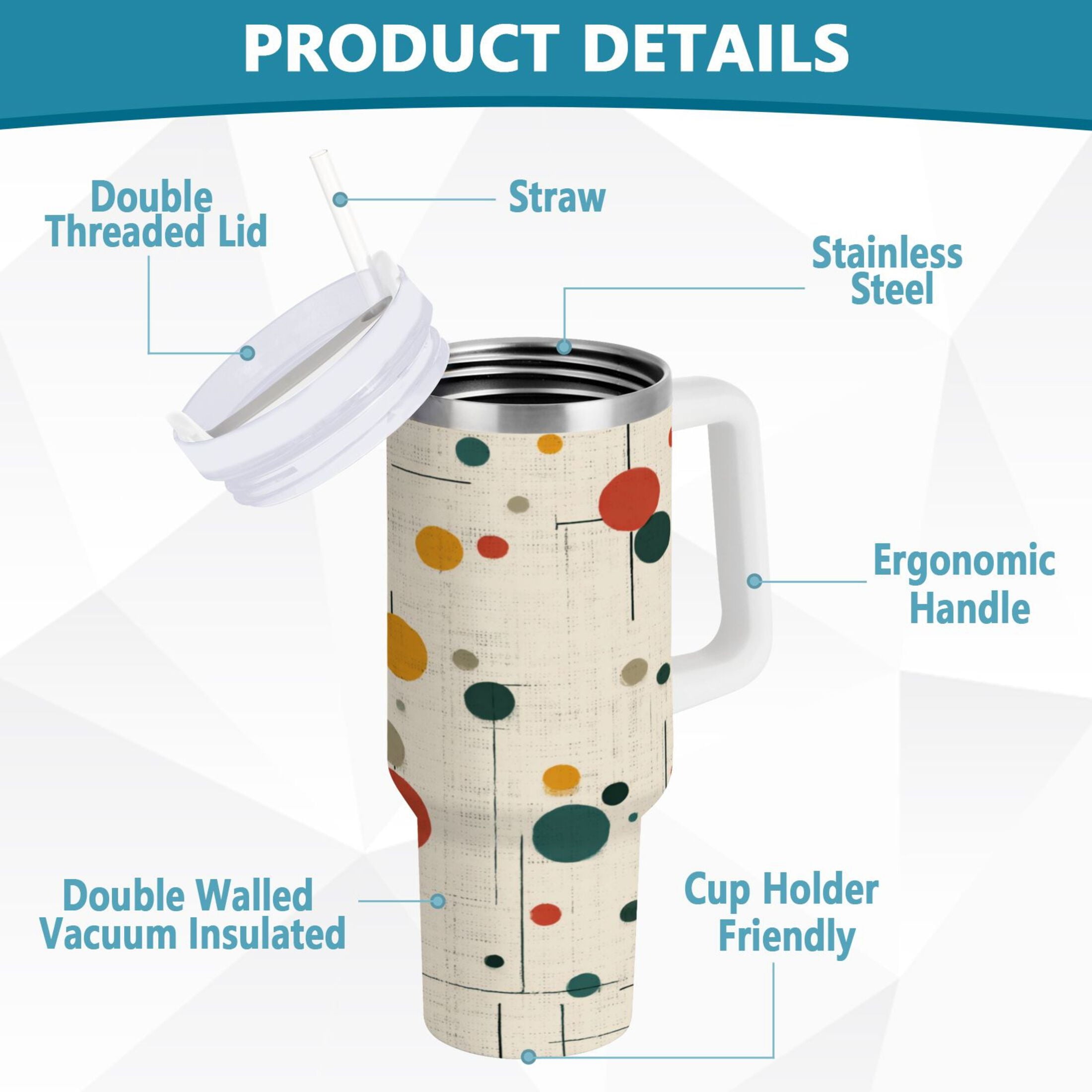 30 oz Insulated Stainless Steel Tumbler Double Wall Stainless Steel Tumbler with 2-Way Drinking Colorful Dots and Lines 8M2B