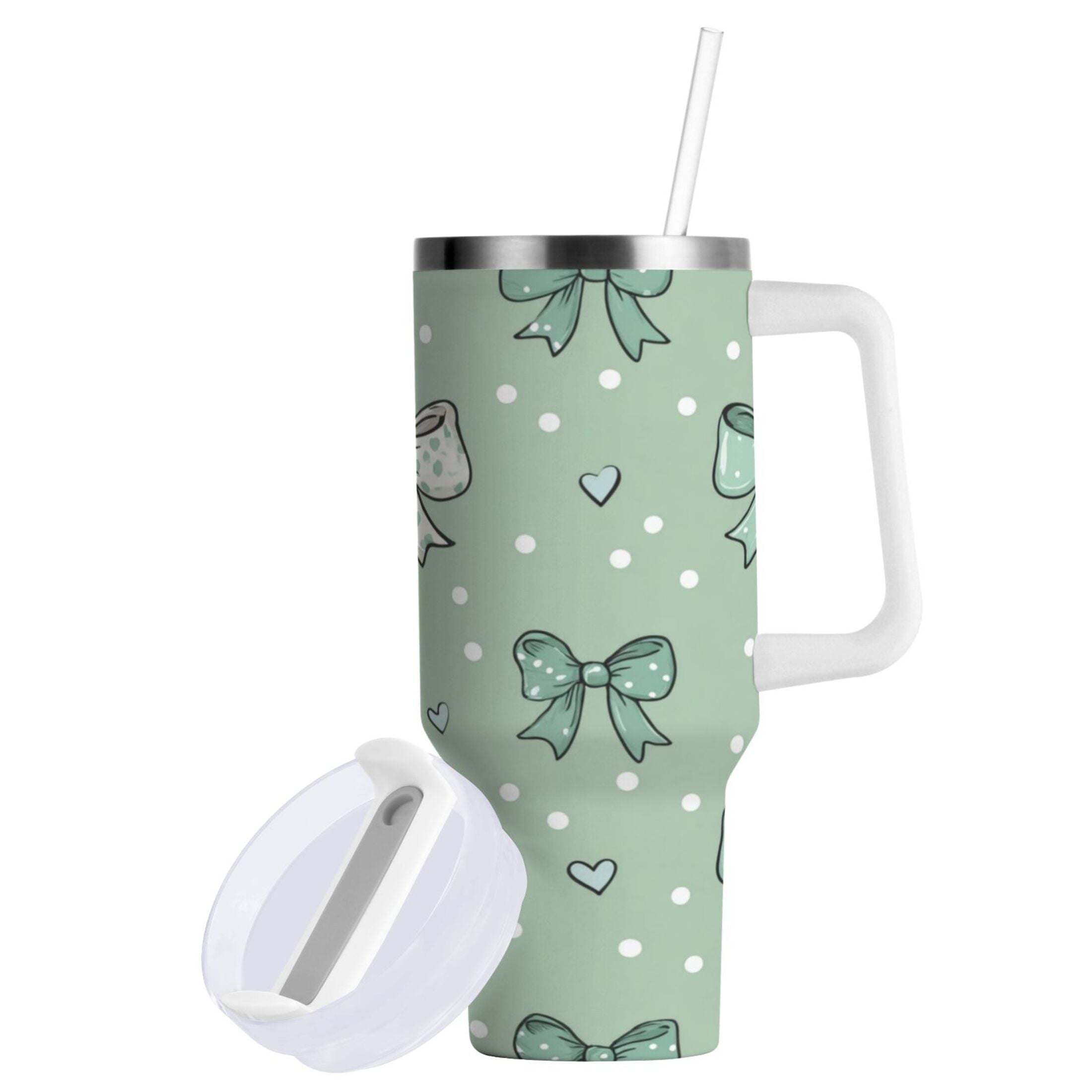 30 oz Insulated Stainless Steel Tumbler Double Wall Stainless Steel Tumbler with 2-Way Drinking Green and Mint Bows S96K