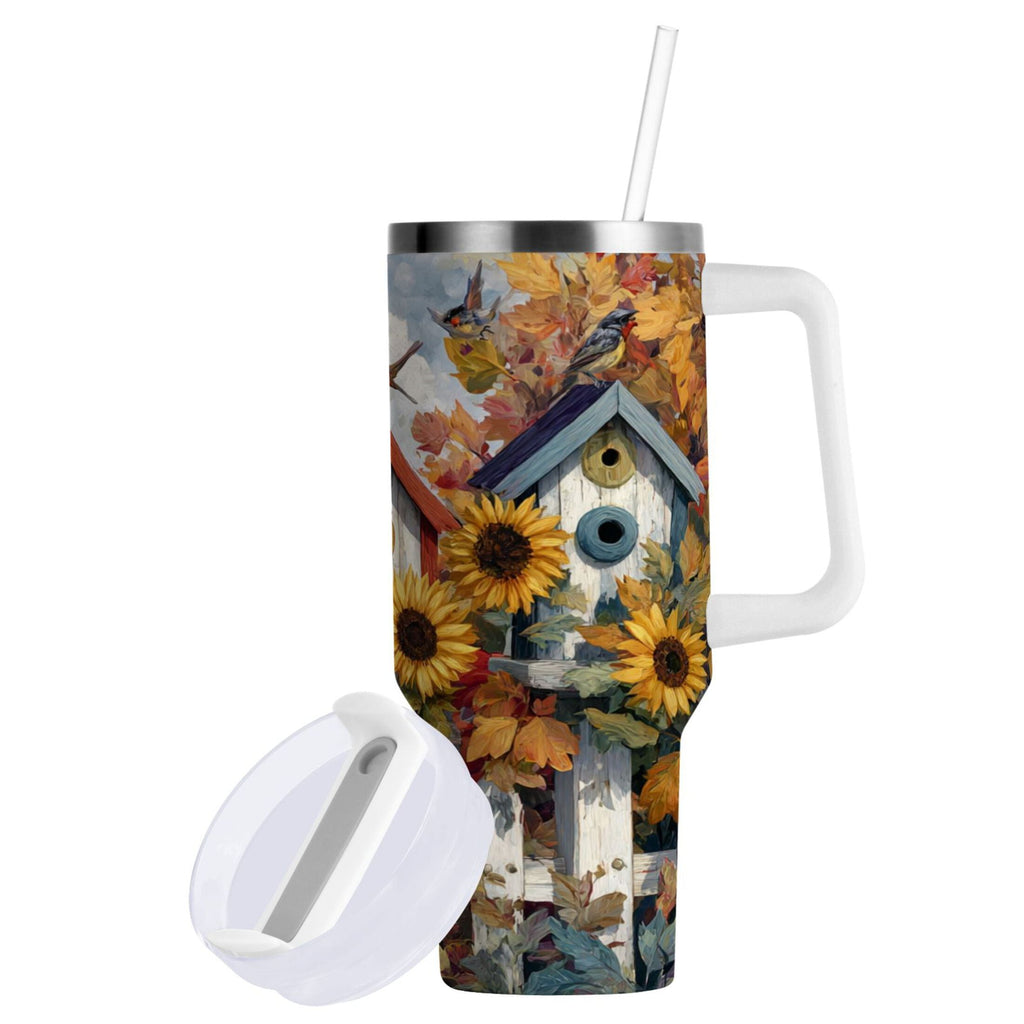 30 oz Insulated Stainless Steel Tumbler Double Wall Stainless Steel Tumbler with 2-Way Drinking Birdhouses with Sunflowers 5X4Q
