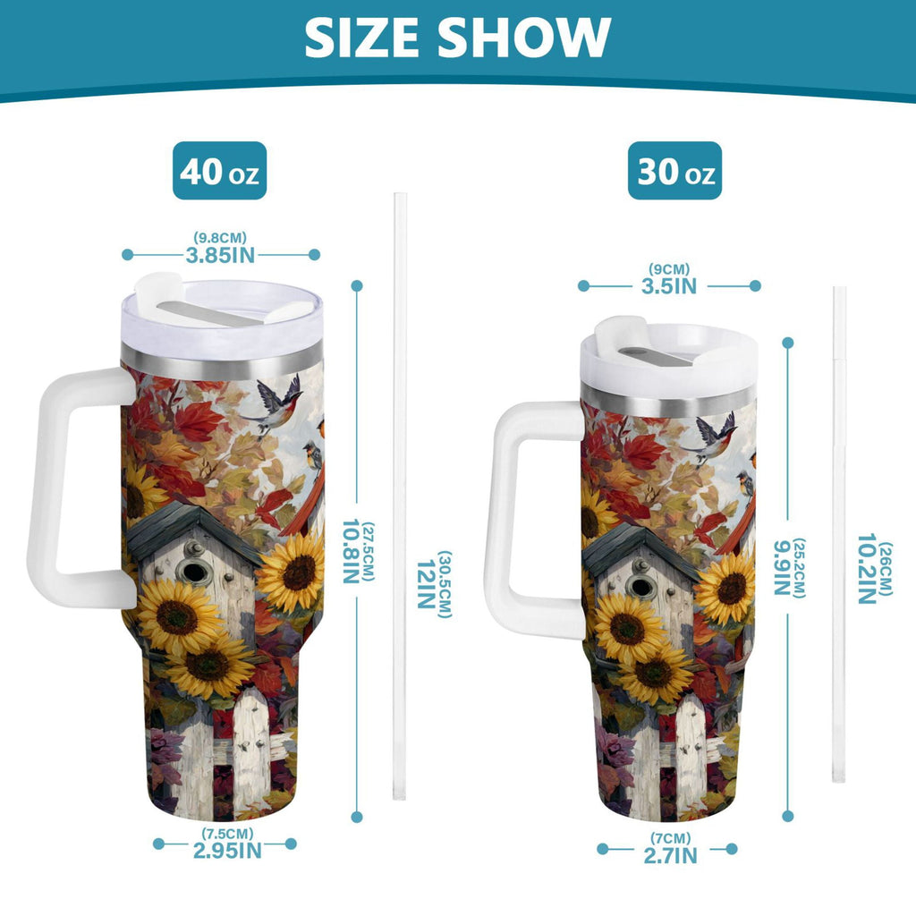 30 oz Insulated Stainless Steel Tumbler Double Wall Stainless Steel Tumbler with 2-Way Drinking Birdhouses with Sunflowers 5X4Q