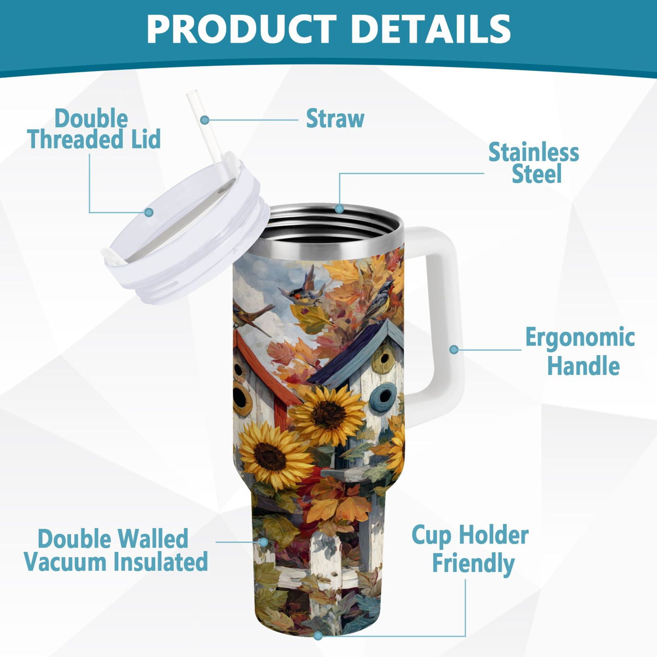 30 oz Insulated Stainless Steel Tumbler Double Wall Stainless Steel Tumbler with 2-Way Drinking Birdhouses with Sunflowers 5X4Q