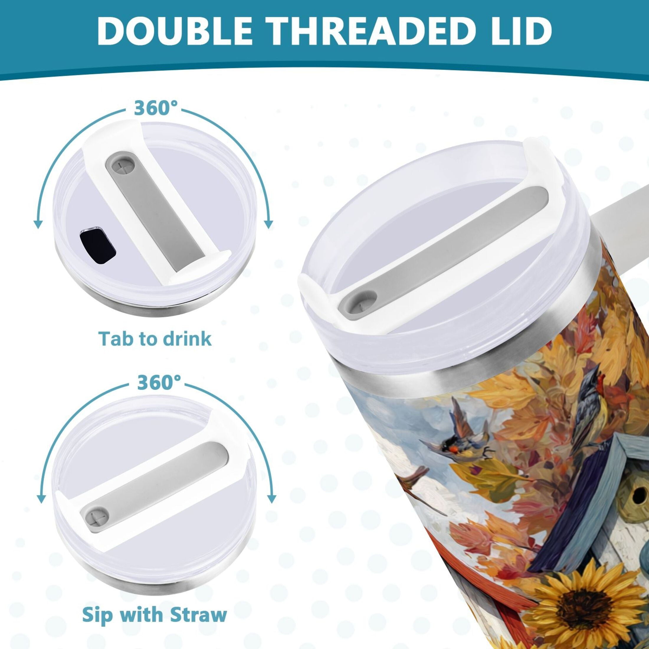 30 oz Insulated Stainless Steel Tumbler Double Wall Stainless Steel Tumbler with 2-Way Drinking Birdhouses with Sunflowers 5X4Q