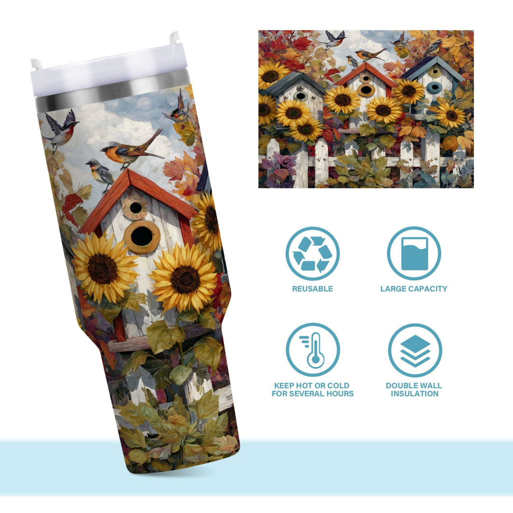 30 oz Insulated Stainless Steel Tumbler Double Wall Stainless Steel Tumbler with 2-Way Drinking Birdhouses with Sunflowers 5X4Q
