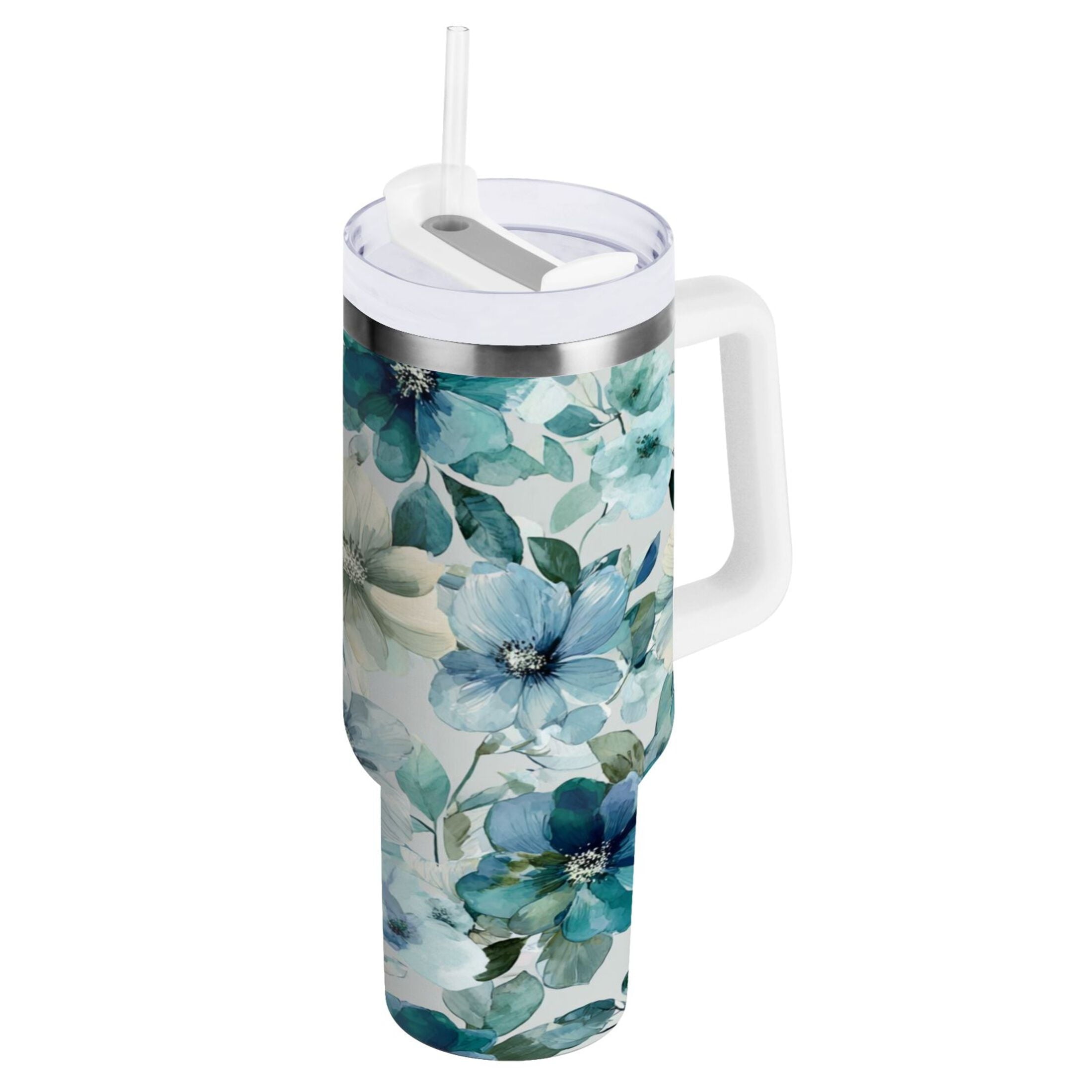 30 oz Insulated Stainless Steel Tumbler Double Wall Stainless Steel Tumbler with 2-Way Drinking Blue and Green Flowers 1JRH