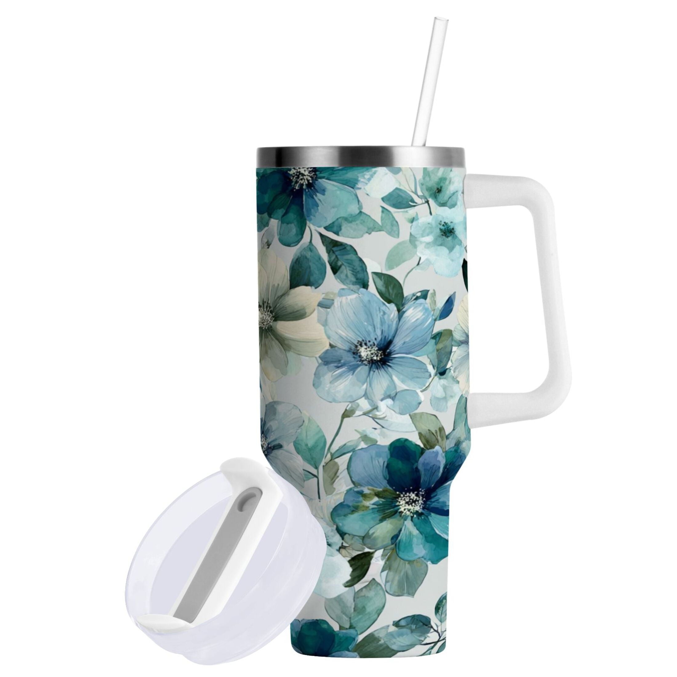 30 oz Insulated Stainless Steel Tumbler Double Wall Stainless Steel Tumbler with 2-Way Drinking Blue and Green Flowers 1JRH