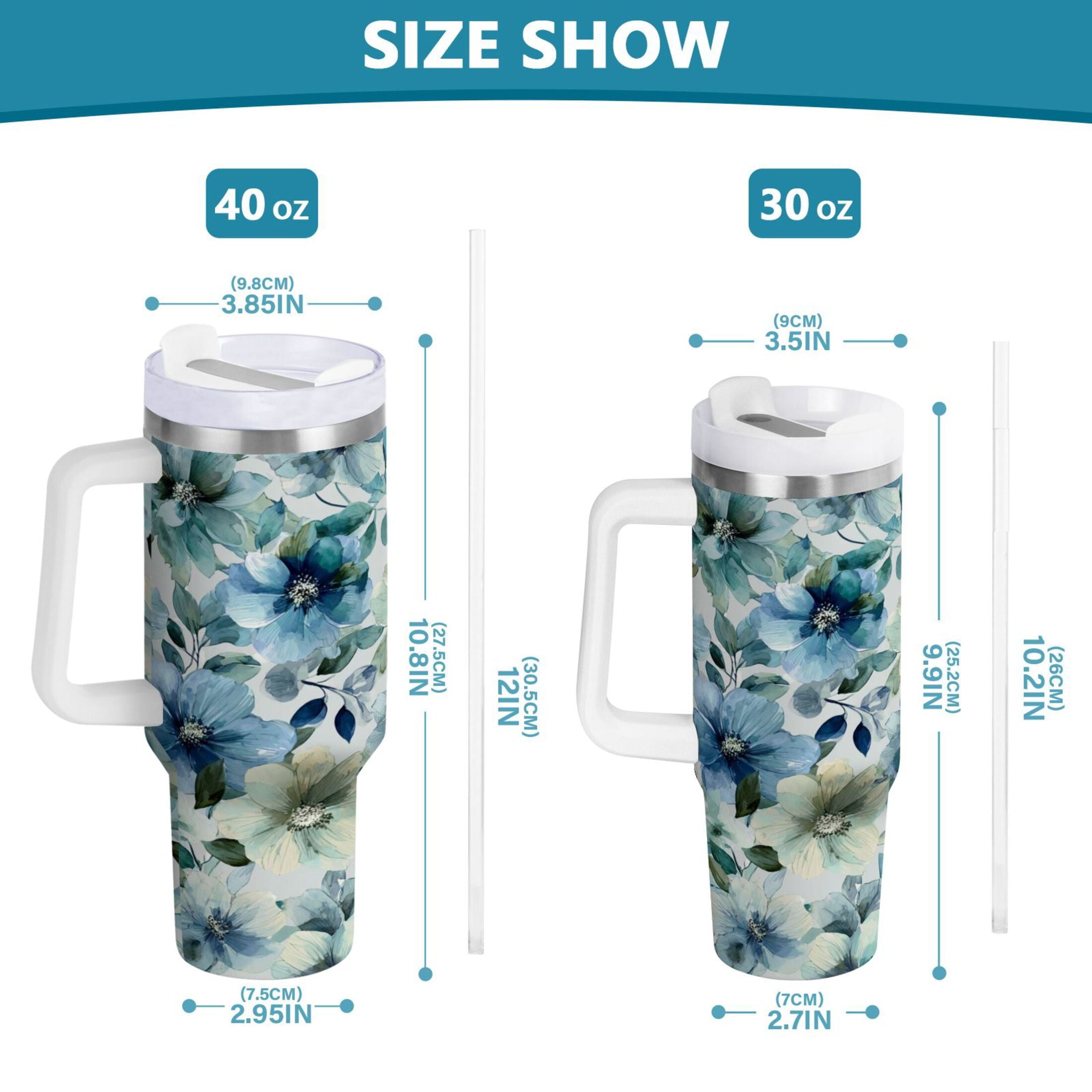 30 oz Insulated Stainless Steel Tumbler Double Wall Stainless Steel Tumbler with 2-Way Drinking Blue and Green Flowers 1JRH