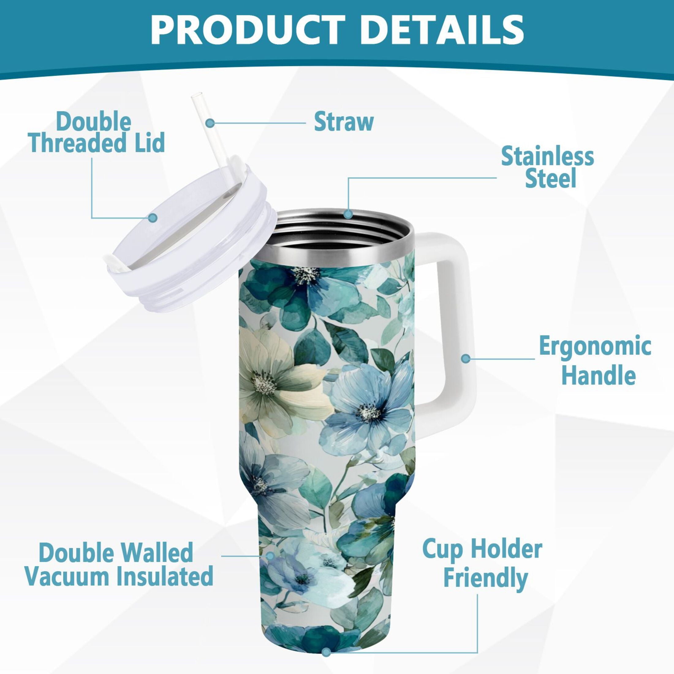 30 oz Insulated Stainless Steel Tumbler Double Wall Stainless Steel Tumbler with 2-Way Drinking Blue and Green Flowers 1JRH