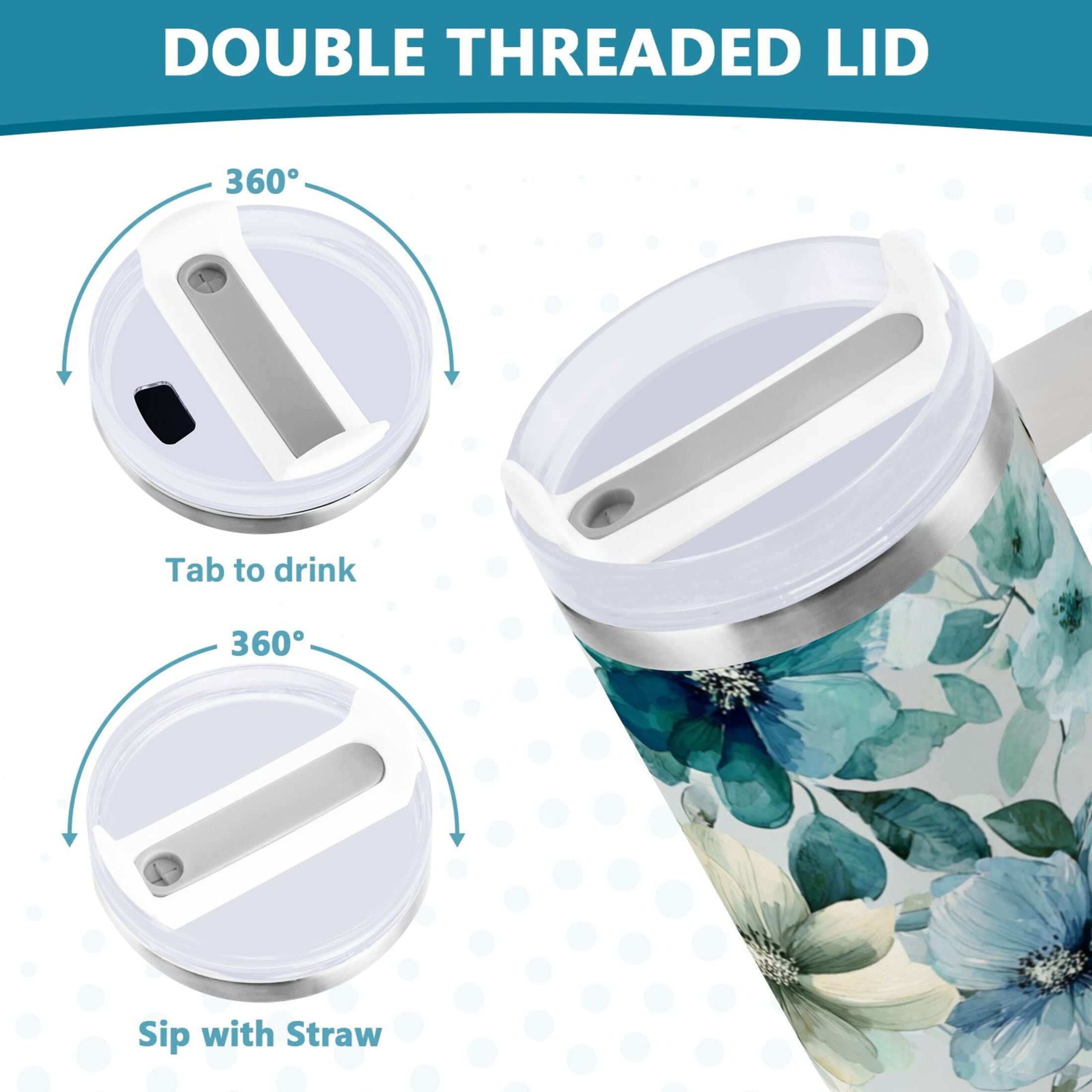 30 oz Insulated Stainless Steel Tumbler Double Wall Stainless Steel Tumbler with 2-Way Drinking Blue and Green Flowers 1JRH