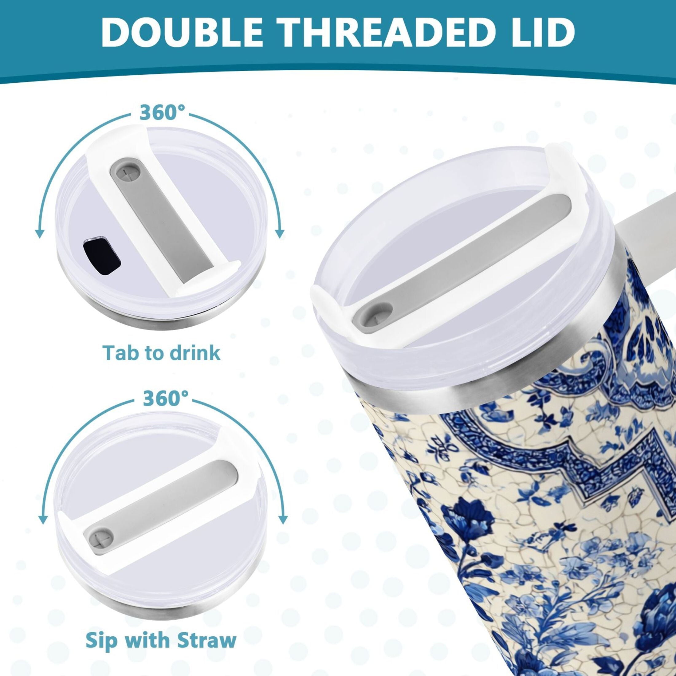 30 oz Insulated Stainless Steel Tumbler Double Wall Stainless Steel Tumbler with 2-Way Drinking Blue and White Porcelain-style FEN4