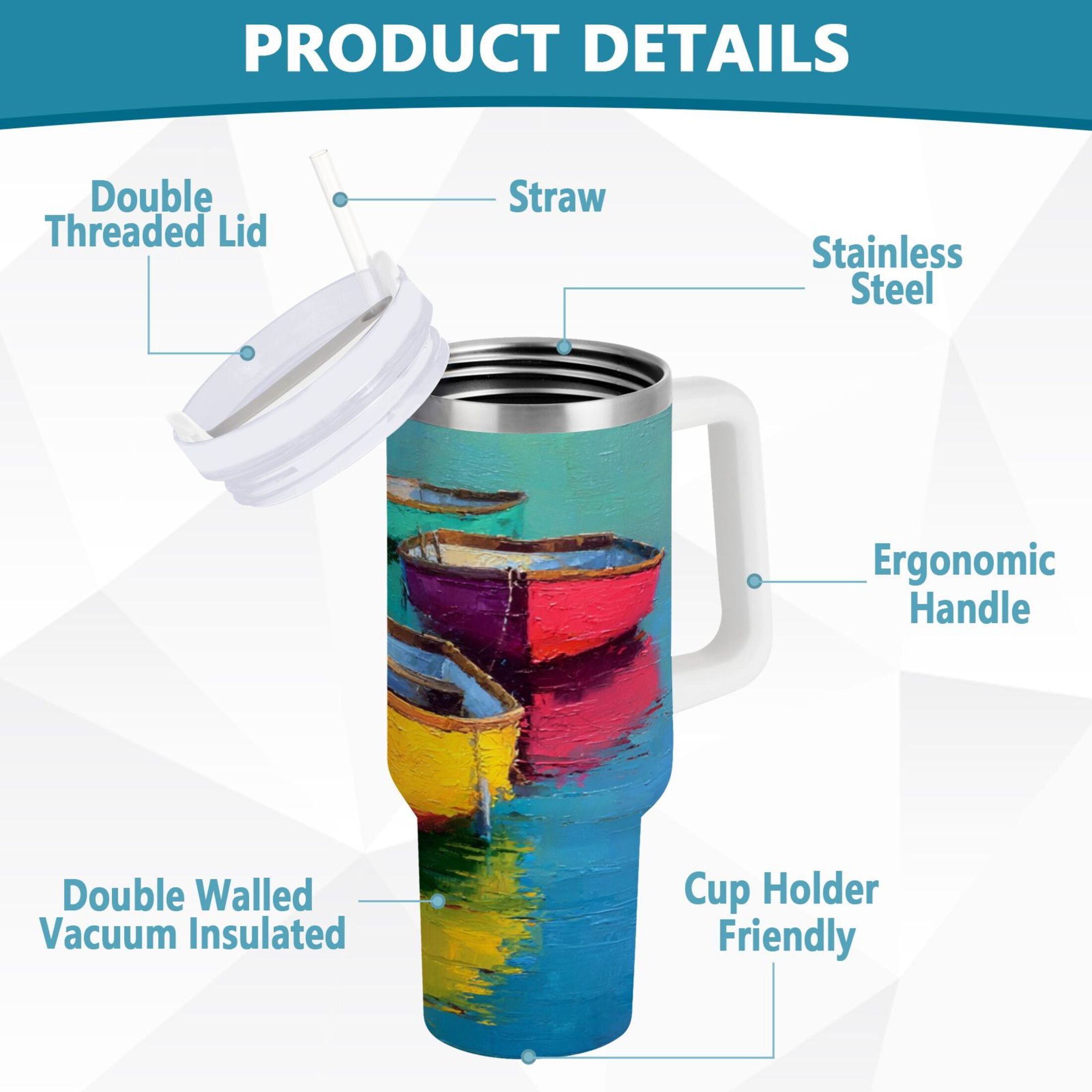 30 oz Insulated Stainless Steel Tumbler Double Wall Stainless Steel Tumbler with 2-Way Drinking Colorful Row Boats UZBY