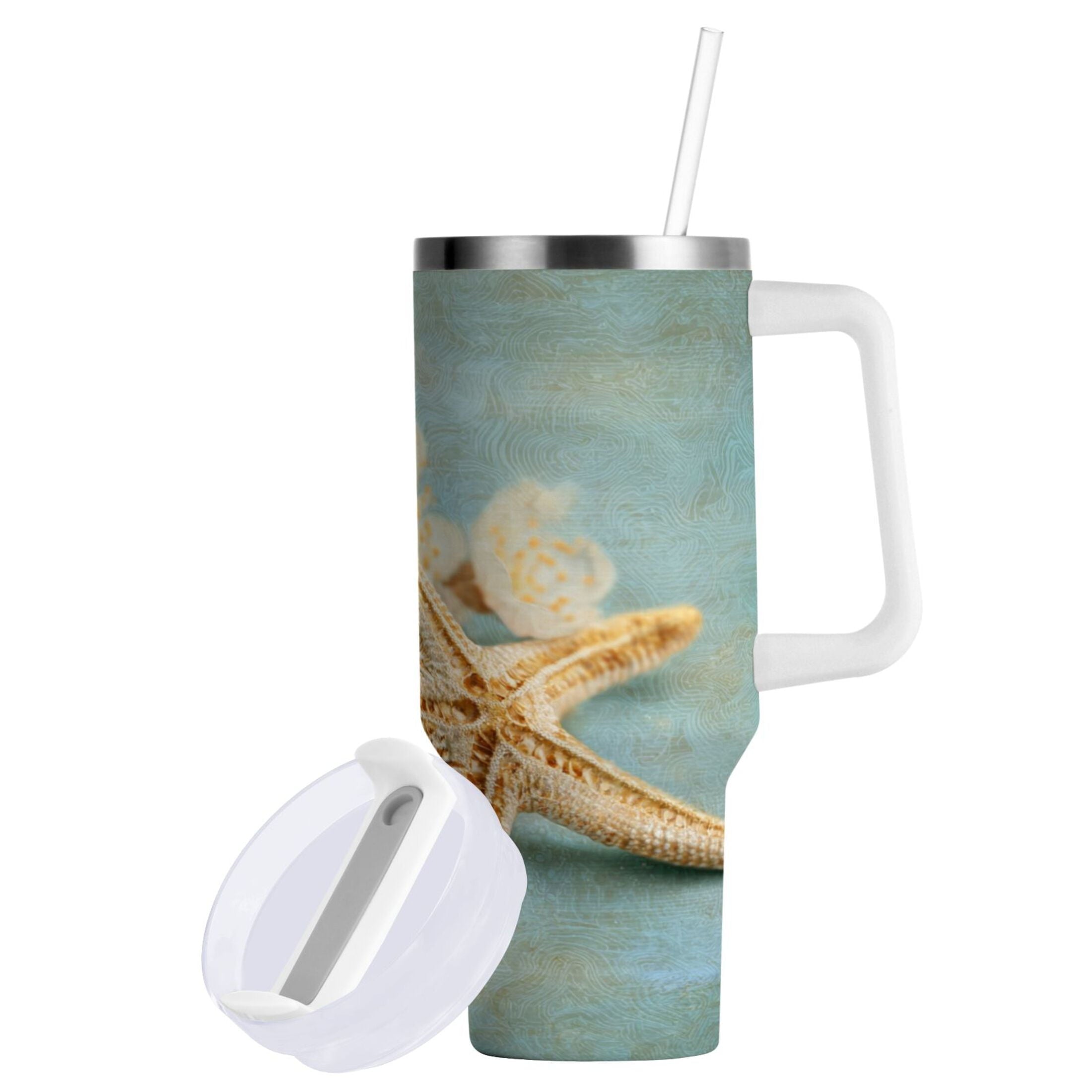 30 oz Insulated Stainless Steel Tumbler Double Wall Stainless Steel Tumbler with 2-Way Drinking Starfish with Flowers F1EZ