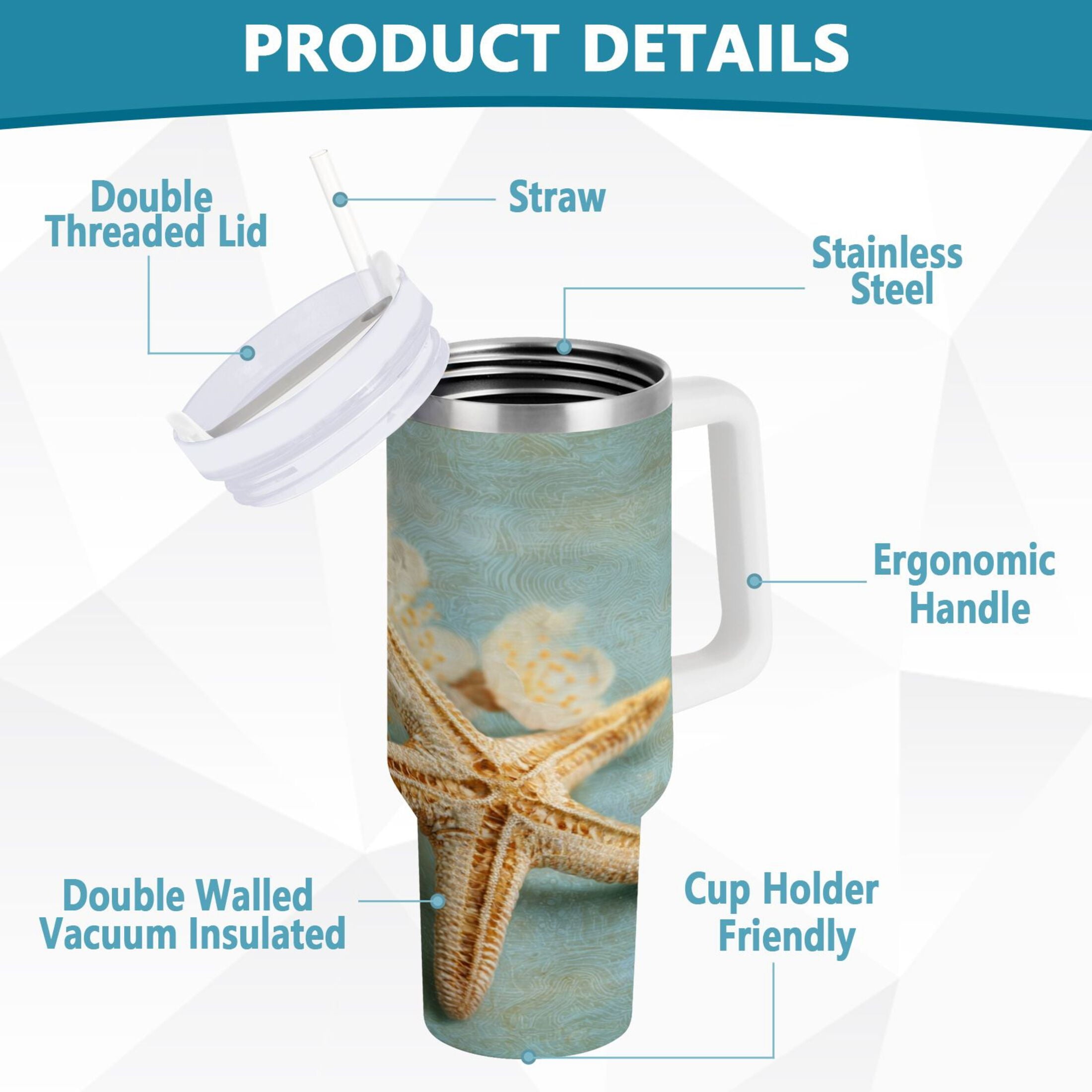 30 oz Insulated Stainless Steel Tumbler Double Wall Stainless Steel Tumbler with 2-Way Drinking Starfish with Flowers F1EZ