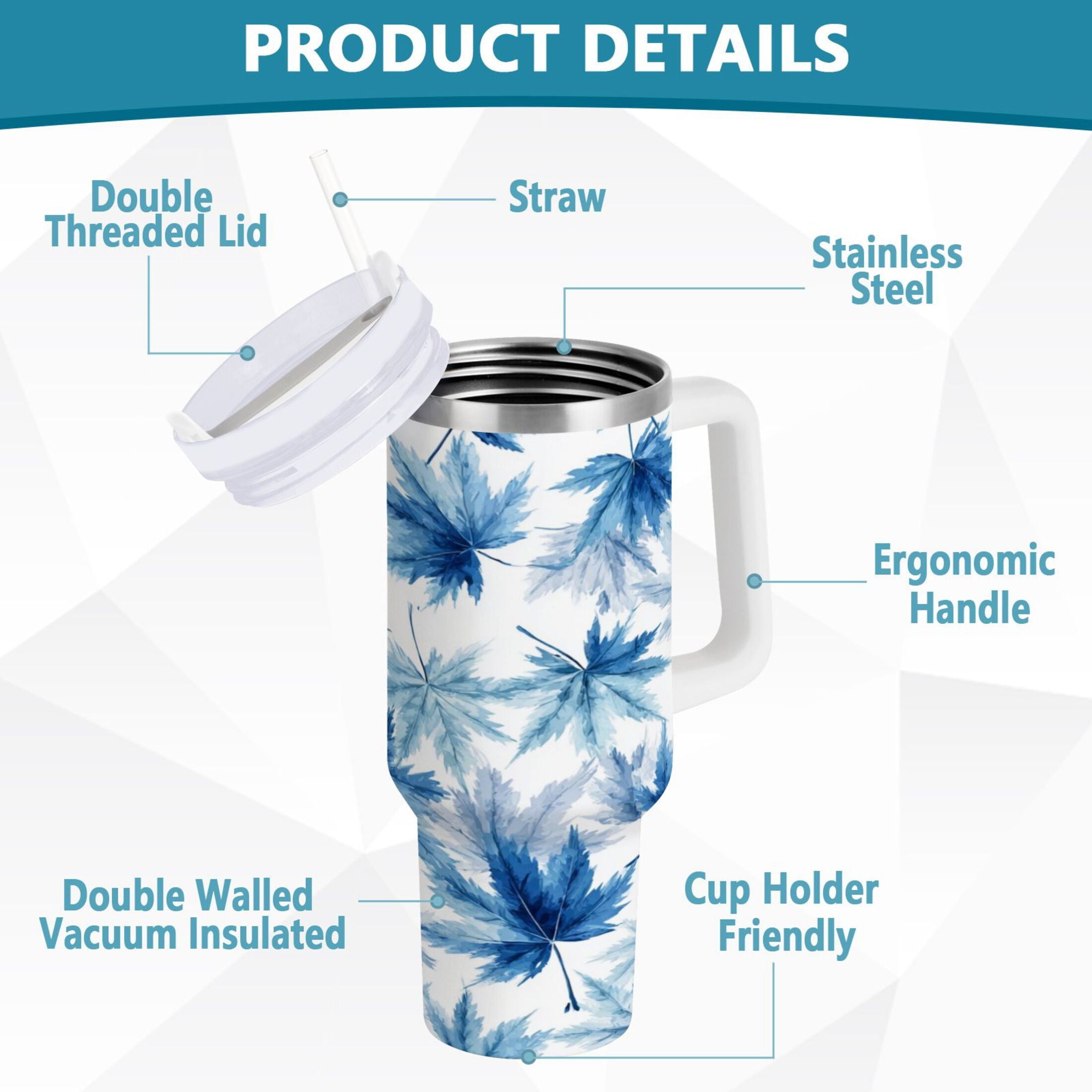 30 oz Insulated Stainless Steel Tumbler Double Wall Stainless Steel Tumbler with 2-Way Drinking Abstract Blue Maple Leaves 95MR