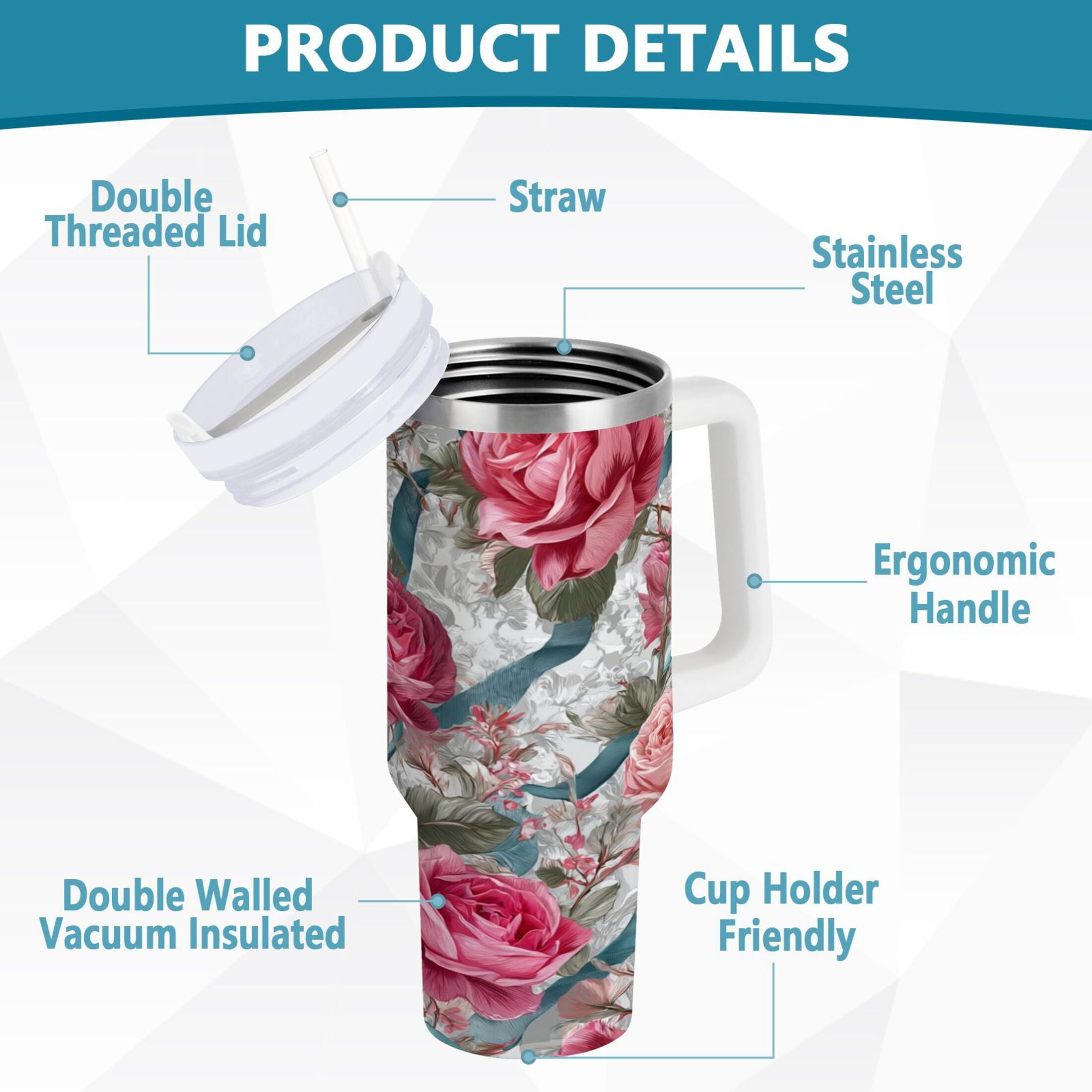30 oz Insulated Stainless Steel Tumbler Double Wall Stainless Steel Tumbler with 2-Way Drinking Roses and Ribbons CQ1L
