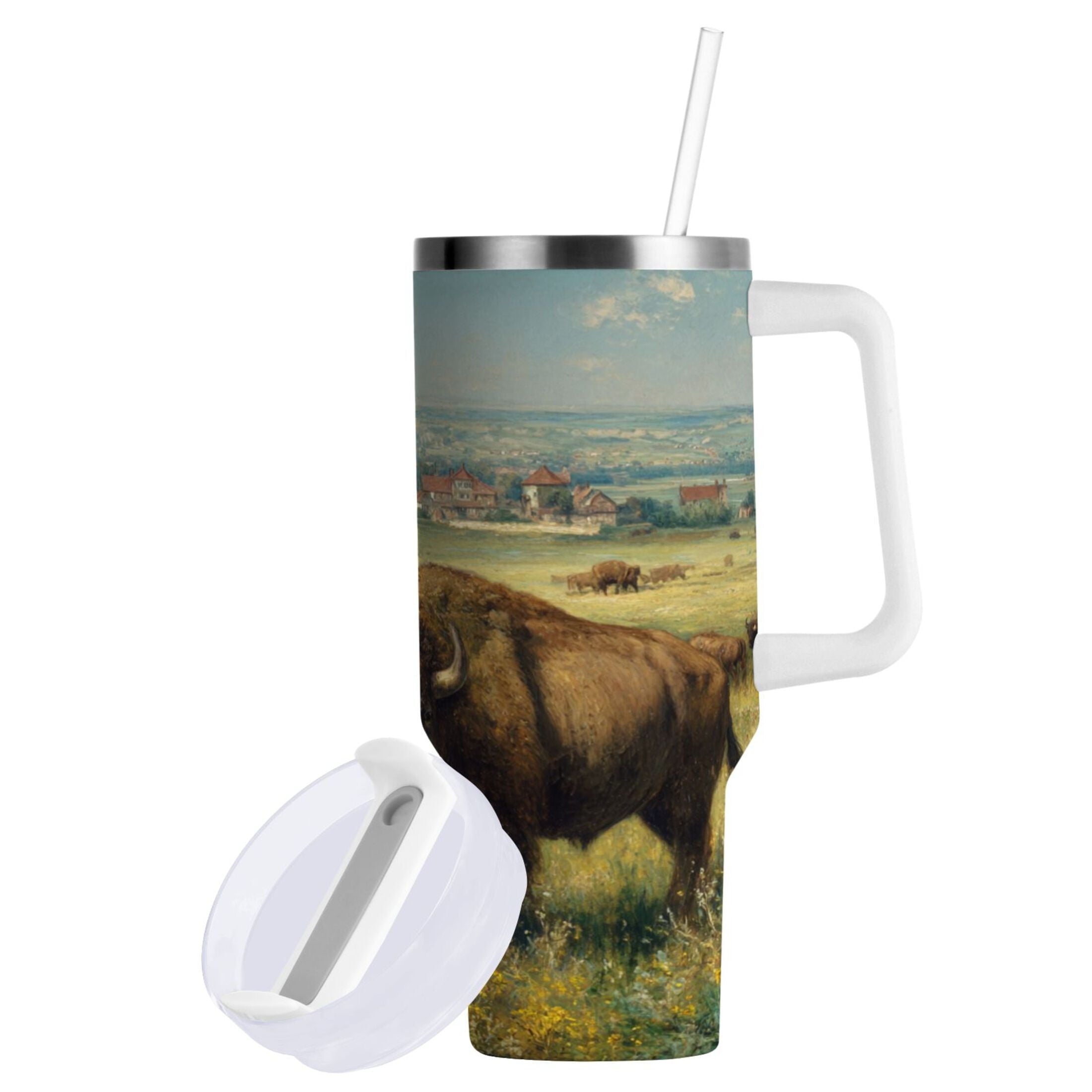 30 oz Insulated Stainless Steel Tumbler Double Wall Stainless Steel Tumbler with 2-Way Drinking Buffalo Herd Oil Painting G1EO